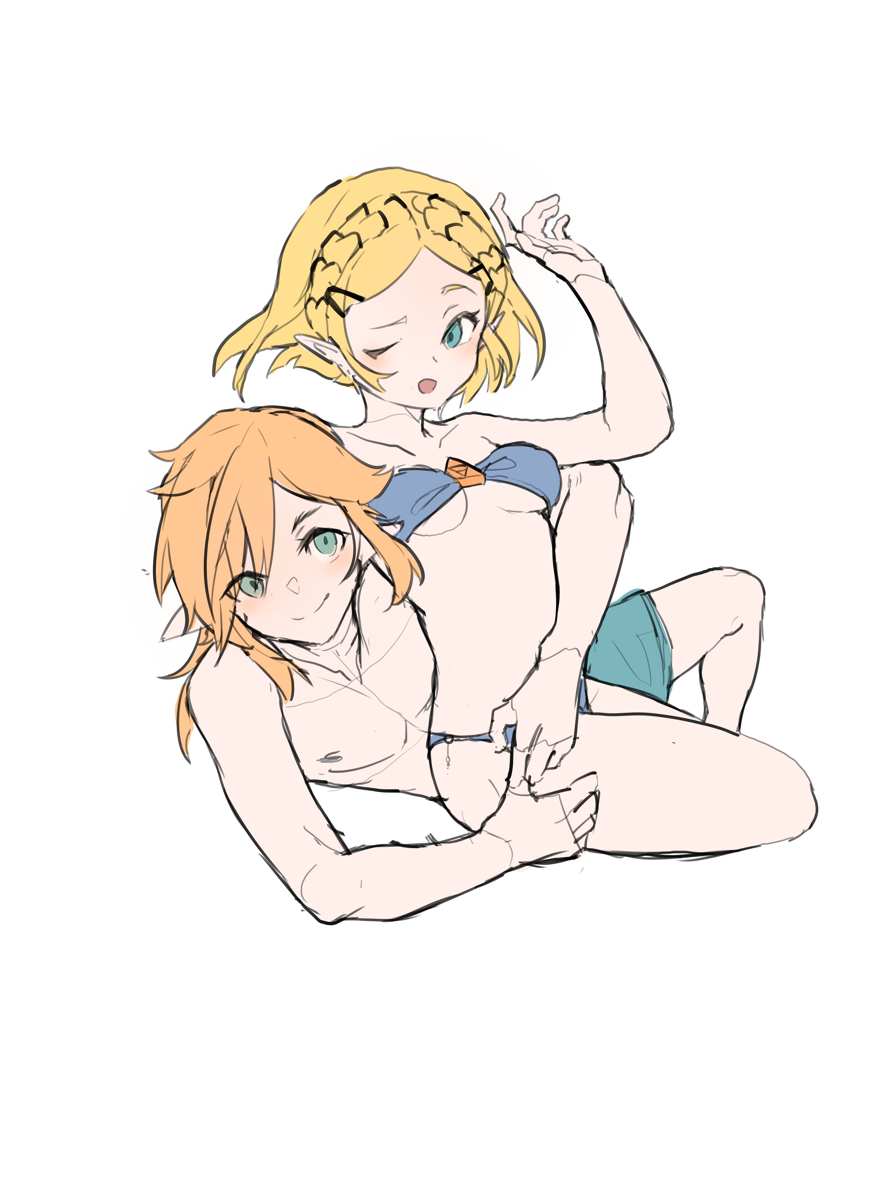 1boy, 1girls, 2021, 3:4, absurd res, arm up, bandeau, bikini, blonde hair, blue bikini, blue eyes, braid, breasts, briefs, brown hair, female, french braid, full body, green eyes, hairclip, highres, hug, link, link (tears of the kingdom), long hair, looking at another, lying, male, nintendo, nipples, on side, one eye closed, open mouth, pointy ears, princess zelda, rinbinto, short hair, simple background, sitting, small breasts, smile, strapless, swimming trunks, swimsuit, tears of the kingdom, the legend of zelda, thighs, tied hair, topless, triforce, underboob, white background, wholesome, yokozuwari, zelda (tears of the kingdom)