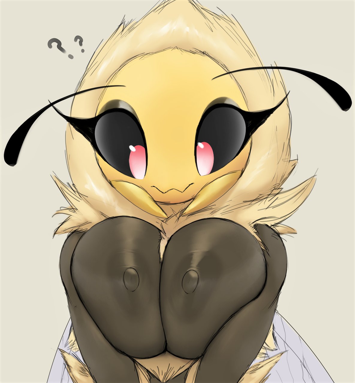 adorable, bee, bee girl, blossom (thousandfoldfeathers), breasts, cute, cute face, eyelashes, female, female only, huge breasts, looking down, original, pink eyes, question mark, solo, solo female, tagme, thousandfoldfeathers, yellow hair, yellow skin