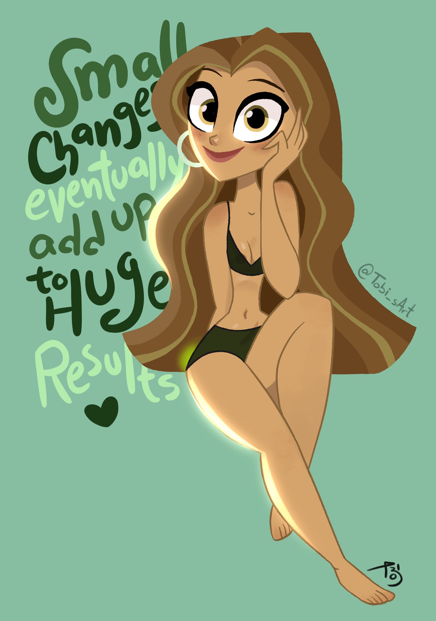 1girls, 2d, areola slip, artist name, barefoot, bikini, blush, brown hair, cleavage, clothed, clothed female, color, dark skin, dark-skinned female, dc, dc comics, dc super hero girls, english text, female, female only, green lantern, jessica cruz, jessica cruz (shg), latina, long hair, looking at viewer, non-nude, smile, smiling, smiling at viewer, solo, tobi (artist), tobiart, wholesome