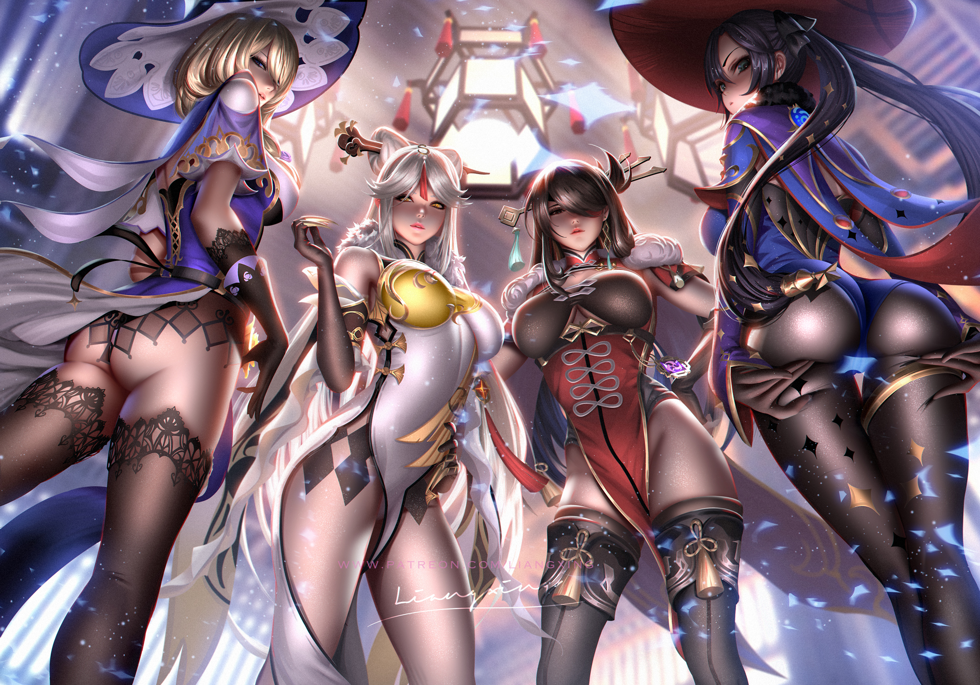 4girls, ass, beidou (genshin impact), big ass, big breasts, boots, breasts, female, female only, genshin impact, large breasts, liang xing, lisa (genshin impact), mona (genshin impact), multiple females, multiple girls, ningguang (genshin impact), thick thighs, thigh boots, wide hips