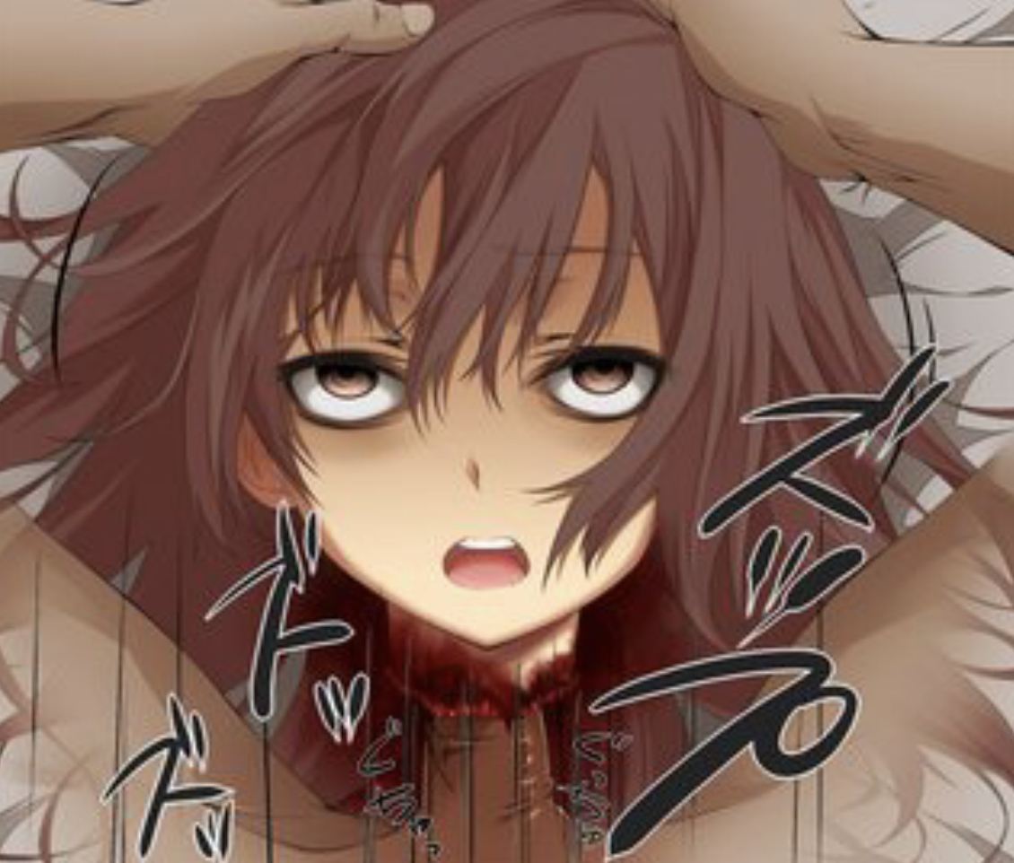anime style, big eyes, blood, brown eyes, brown hair, brown skin, close-up, dark skin, dead eyes, death, decapitation, erect penis, female, female death, female focus, gore, guro, holding head, human, japanese text, looking at viewer, male, male pov, motion lines, neck fucking, necrophilia, nude, onomatopoeia, open eyes, open mouth, pale skin, penis, pointy chin, pov, reverse blowjob, severed head, straight, text, translation request