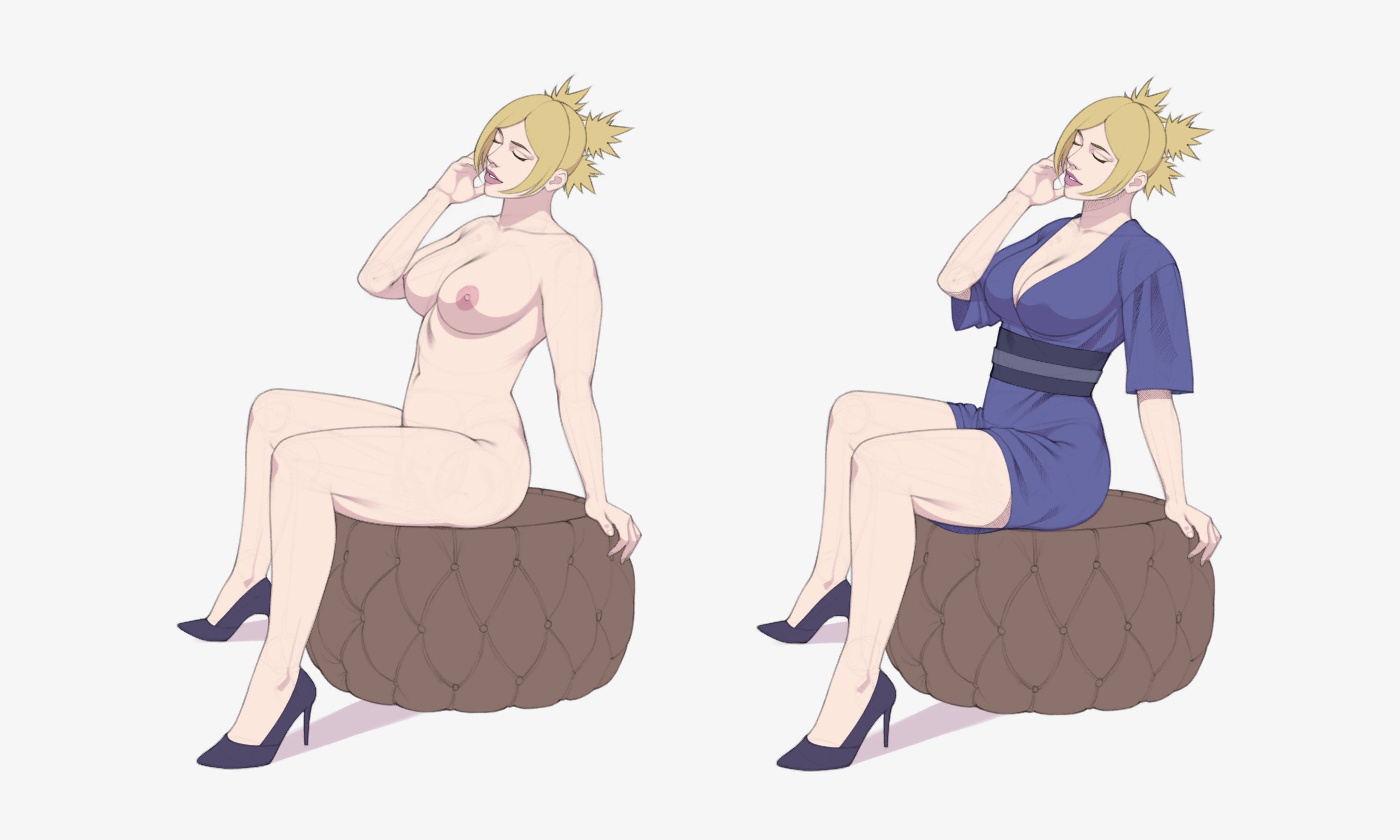 1girls, before and after, big breasts, blonde hair, boruto: naruto next generations, breasts, busty, clothed/nude, female, female only, footwear, heels, kimono, mature, mature female, milf, naruto, naruto (series), nipples, quad tails, reserexerion, short kimono, sitting, solo, solo female, solo focus, temari, tied hair