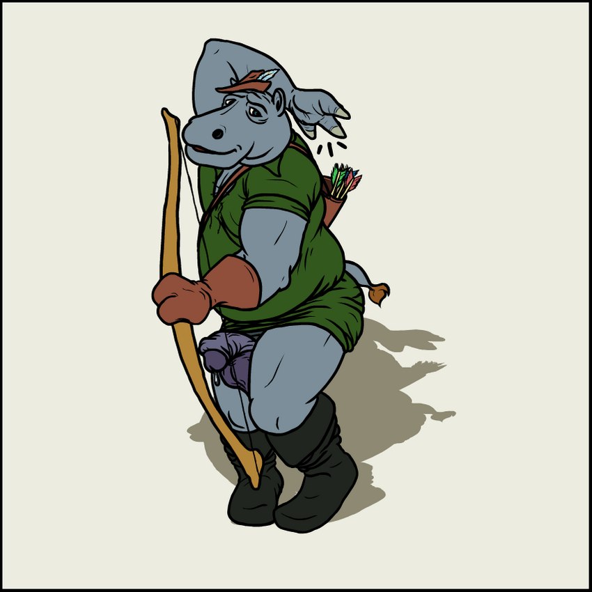 1boy 2012 anthro archer balls bojog bow_(weapon) clothing common_hippopotamus flaccid genitals hippopotamid hippopotamus humanoid_genitalia humanoid_penis male male_only mammal original overweight overweight_anthro overweight_male penis ranged_weapon simple_background solo tunic weapon