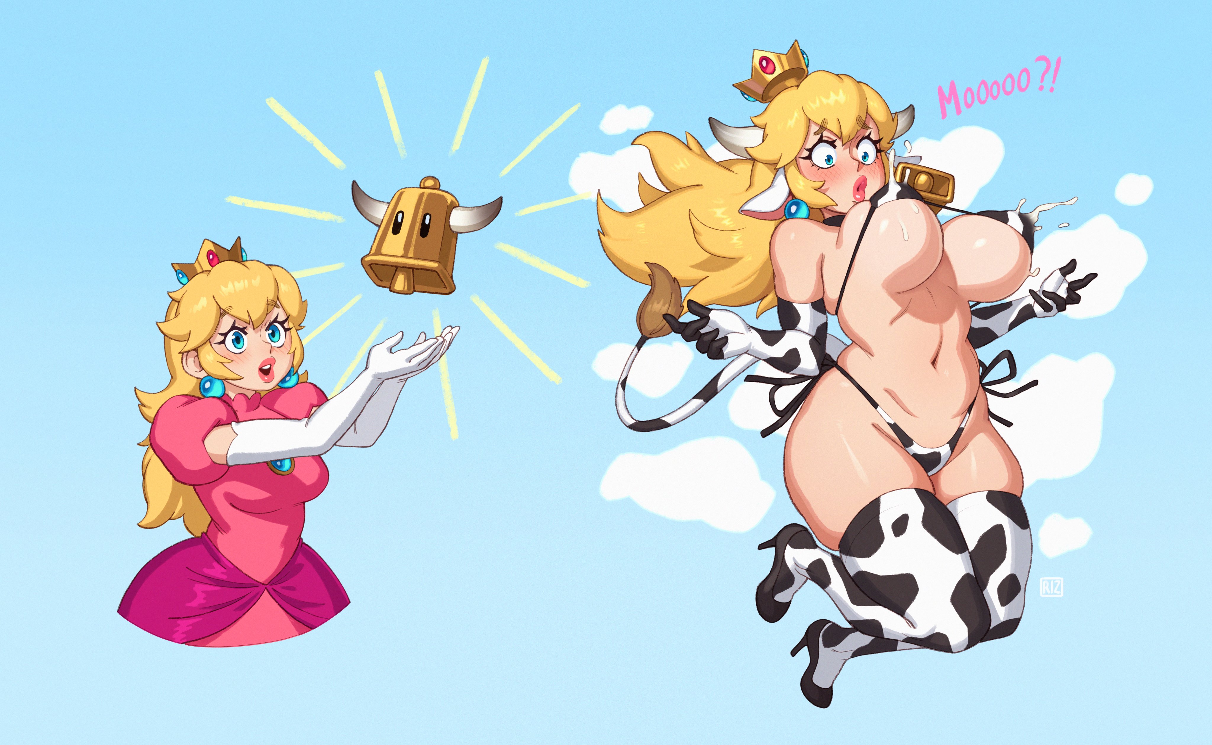 1girls, 2021, absurdres, alternate breast size, big breasts, breast expansion, breast growth, breast growth (enlargement), breasts, cow girl, cow print, earrings, elbow gloves, female, female only, fully clothed, gloves, highres, huge breasts, lactation, lingerie, mario (series), navel, nintendo, panties, princess peach, rizdraws, solo, super mario bros., thick lips, thick thighs, thighhighs, thong, transformation, wide hips