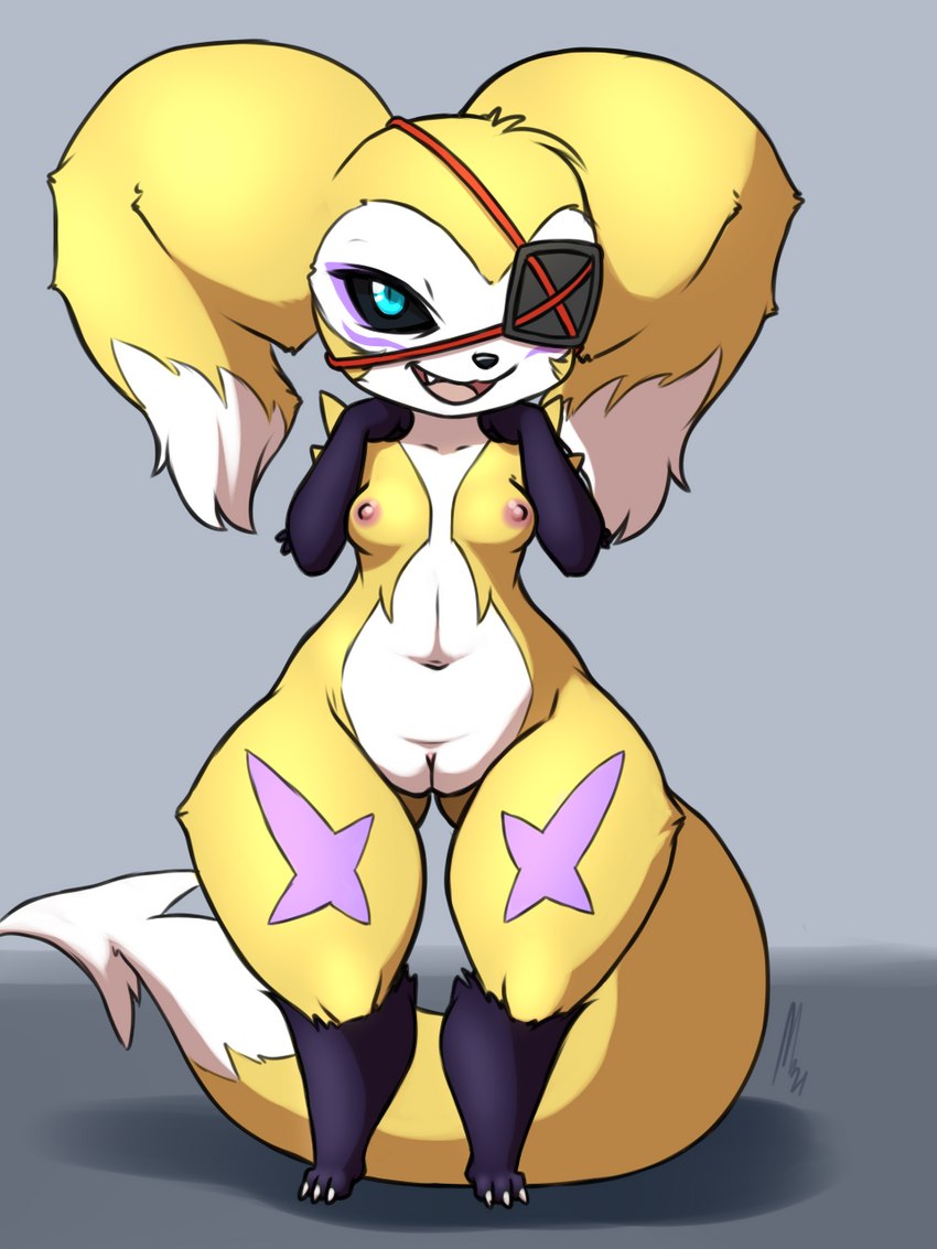 3:4 anthro areola bandai_namco biped breasts butt_from_the_front claws digimon digimon_(species) eye_patch eyewear fan_character fangs female front_view fur furball_(artist) genitals hi_res impmon looking_at_viewer navel nipples open_mouth pussy renamon renimpmon shortstack solo standing toe_claws tongue white_body white_fur yellow_body yellow_fur