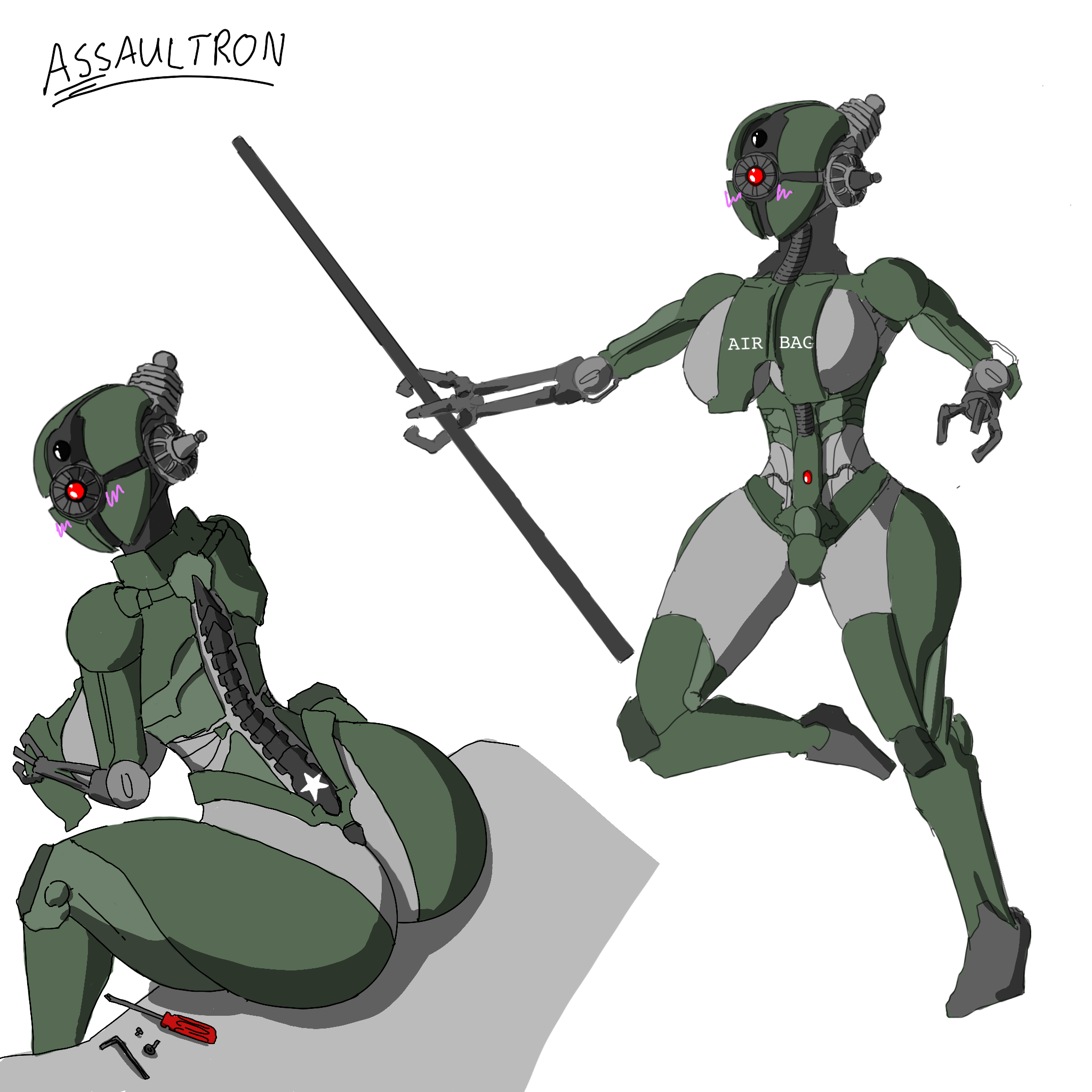 assaultron, fallout, from behind, from behind position, no artist, no artist signature, no source, presenting, presenting hindquarters, robot, sitting