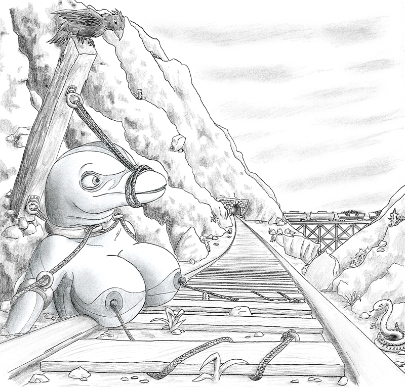 1girls anthro bird bound breast_torture breasts cetacean collar female imminent_guro kkatman monochrome outdoors rope snake solo train train_tracks tunnel