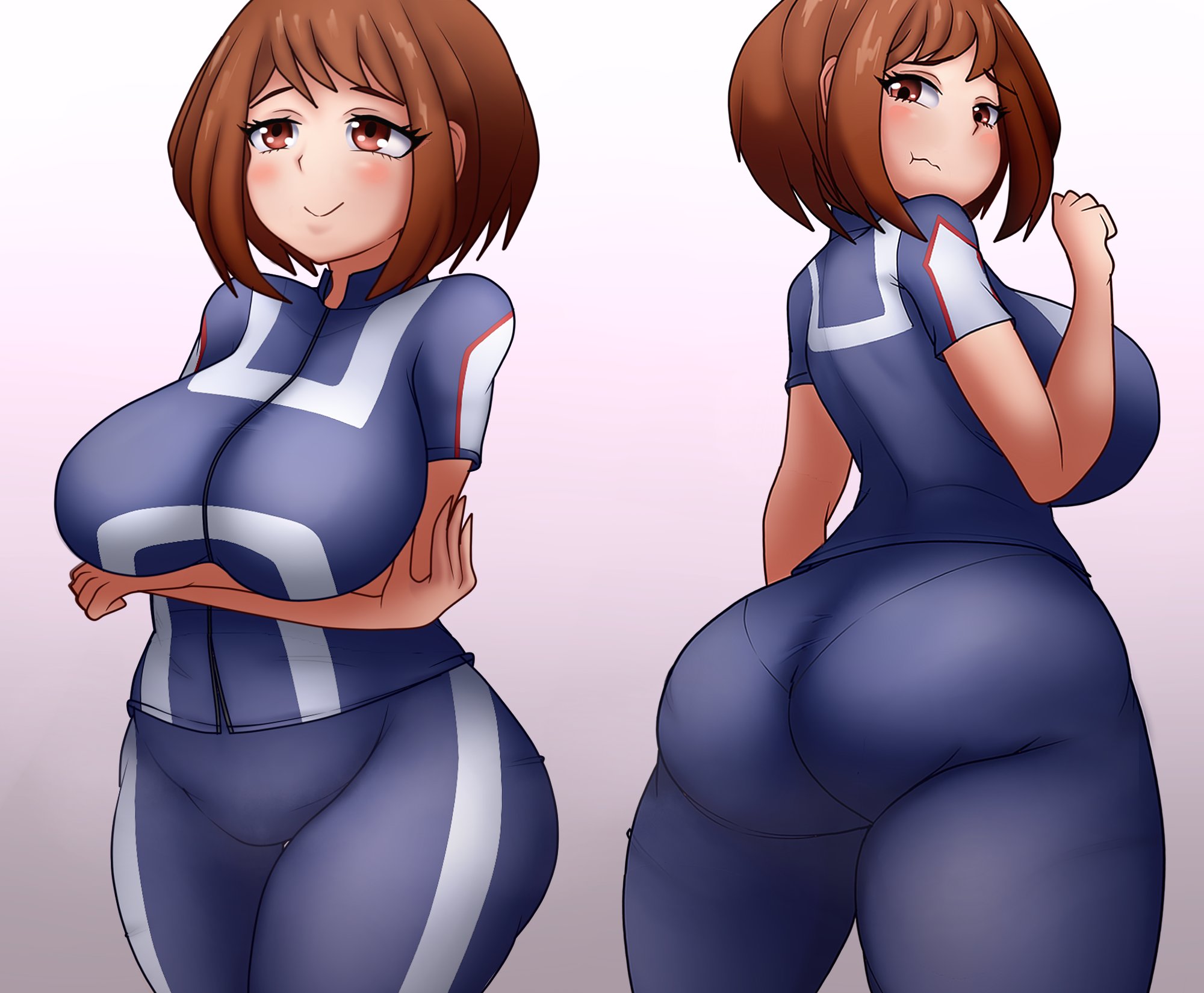 1girls, ass, big ass, big breasts, big butt, breasts, brown eyes, brown hair, cucarachaaa, curvy figure, eye contact, female, huge breasts, large ass, large breasts, looking at viewer, looking back, my hero academia, ochako uraraka, smile, solo, standing, thick ass, thick thighs, tight clothing, u.a. gym uniform