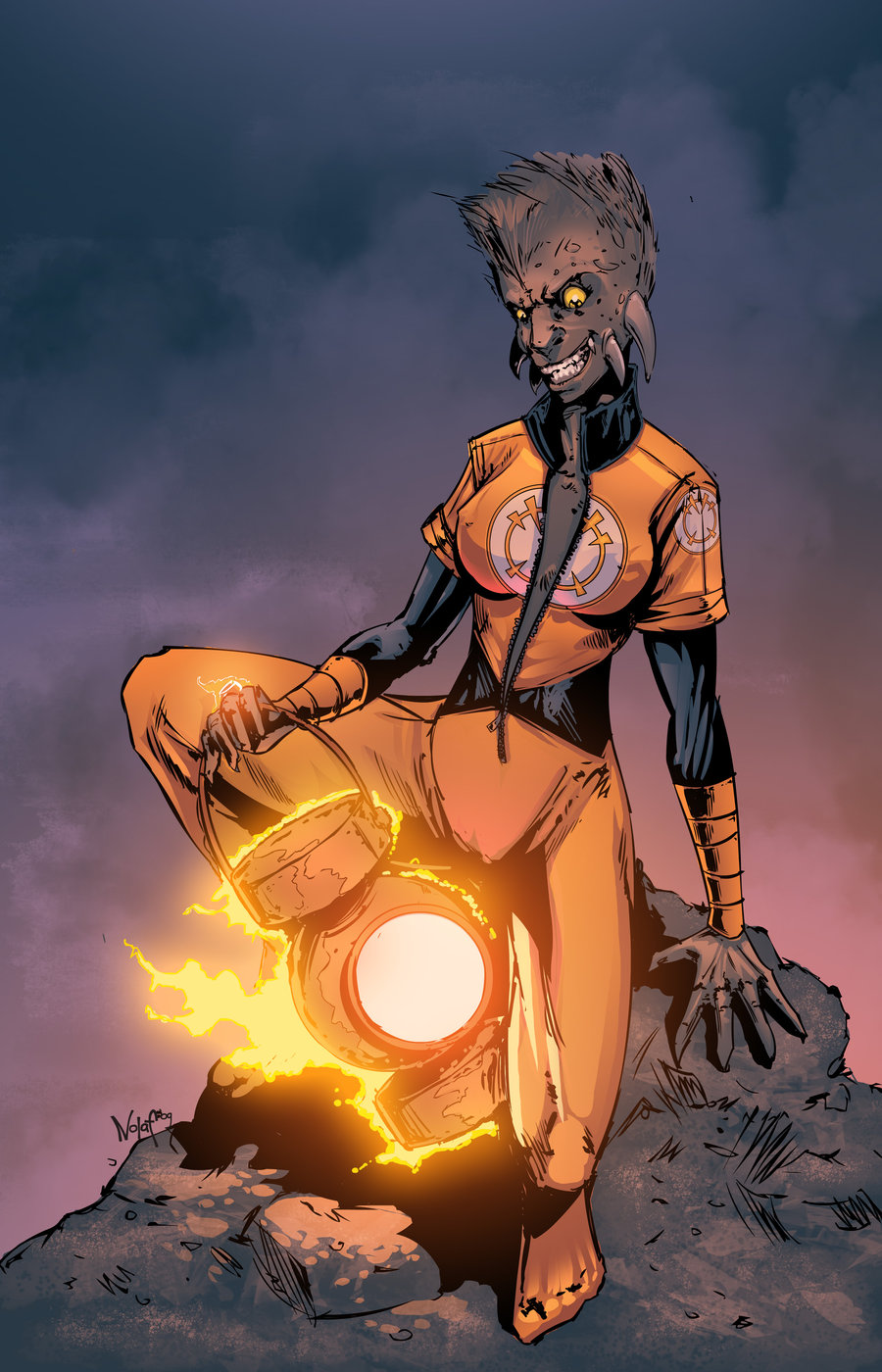 1girls avarice clothes color dc female female_focus female_only front_view lantern larfleeze orange_lantern_corps outdoors rule_63 sitting solo solo_female tagme