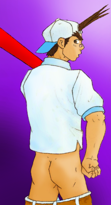 1boy 2009 ass ass_focus band-aid band-aid_on_nose bandaid bandaid_on_nose baseball baseball_bat baseball_cap baseball_uniform bat_(object) brockyaoi brown_eyebrows brown_eyes brown_hair butt butt_focus cap capcom clothing color fist justice_gakuen male male_focus male_only muscular muscular_ass muscular_male pants pants_down purple_background rival_schools shiritsu_justice_gakuen shirt shoma_sawamura simple_background solo solo_male video_games white_cap white_shirt