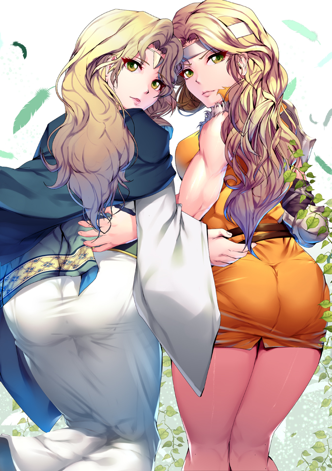 2girls ass ass_focus ass_in_dress belt big_ass blonde_hair brigid_(fire_emblem) circlet dress edain_(fire_emblem) fire_emblem fire_emblem:_genealogy_of_the_holy_war from_behind harihisa headband leaf long_dress long_hair long_sleeves looking_at_viewer looking_back multiple_girls nintendo orange_dress panties pantylines parted_lips robe short_dress siblings skin_tight sleeveless sleeveless_dress tight tight_dress twins underwear white_dress wide_sleeves yellow_eyes