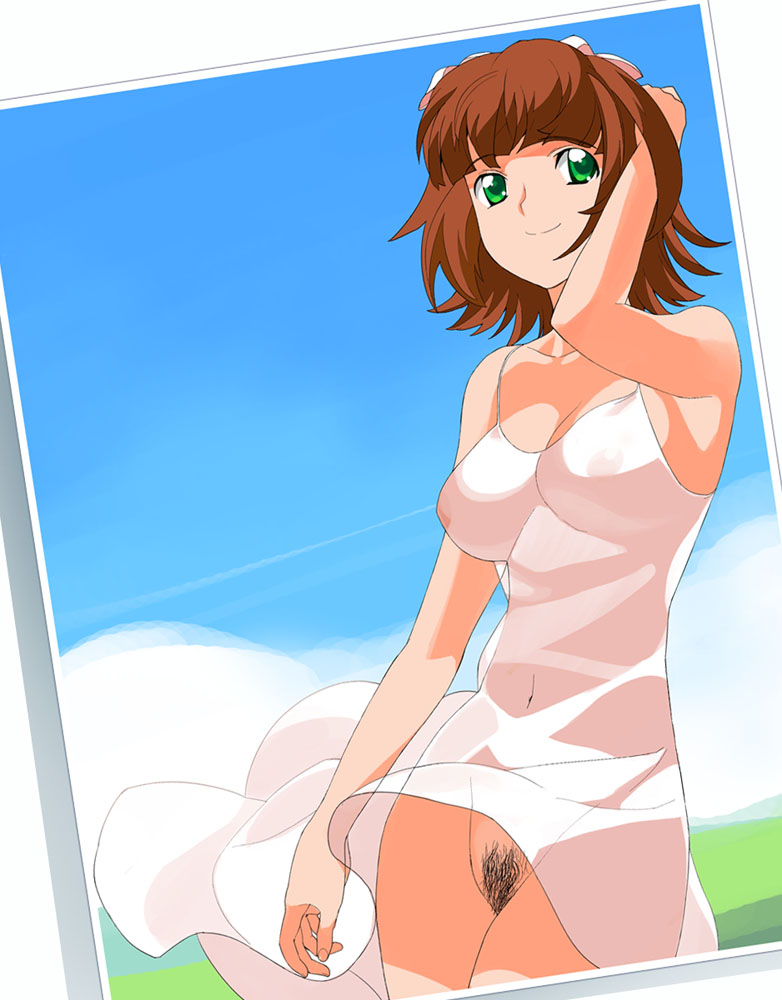 amami_haruka brown_hair casual dress female female_only green_eyes haruka_amami human idolmaster nipples no_bra no_panties pubic_hair ribbon see-through see-through_dress sheer short_hair smile solo sundress