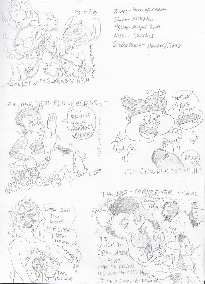 2009 chowder chowder_(character) experiment_(species) howard_moon jumba_jookiba lilo_and_stitch local-shop male male_only mighty_boosh monochrome shnitzel sketch stitch tagme yaoi