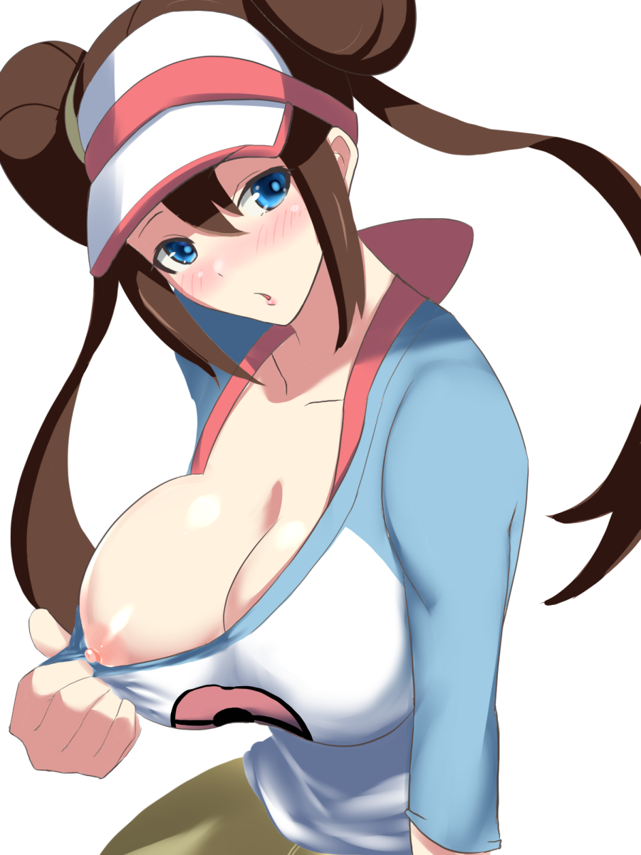 1girls akire_(akireru_shoujo) alternate_breast_size blue_eyes blush clothed female female_only flashing huge_breasts human pokemon pokemon_bw2 rosa_(pokemon) solo