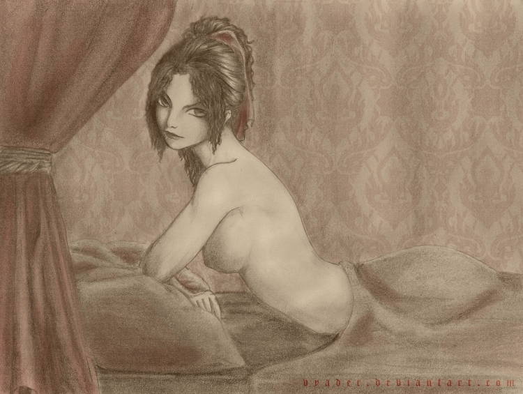 1girls artist_request bed bedroom bellatrix_lestrange blanket breasts curtains deviantart eyes female female_only harry_potter indoors looking_at_viewer lying medium_breasts monochrome nipples on_bed on_stomach open_eyes pillow sideboob solo tagme under_blanket url watermark