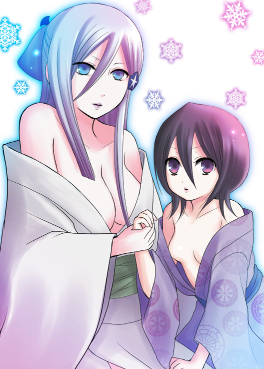 2girls bare_shoulders black_hair bleach blue_eyes blue_hair breasts female female_only genjiguruma hair_between_eyes hand_holding holding_hands japanese_clothes kimono kuchiki_rukia large_breasts long_hair multiple_girls off_shoulder open_kimono personification purple_eyes sakurai_(f/l) short_hair snowflakes sode_no_shirayuki zanpakutou_spirit