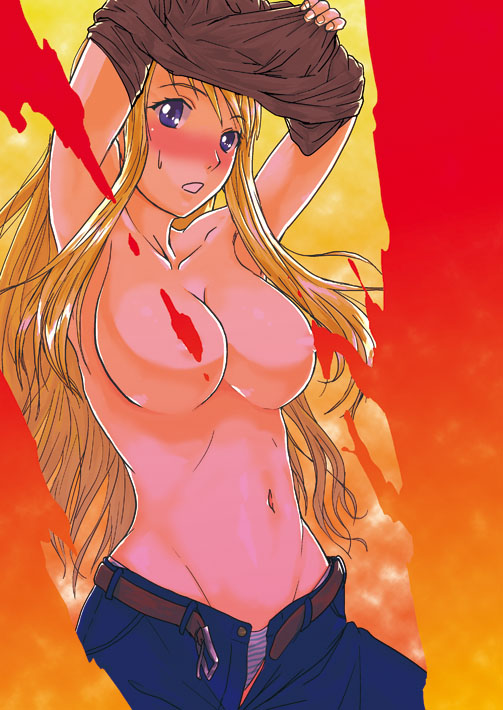 blonde_hair blue_eyes blush breasts clothes color female female_only front_view fullmetal_alchemist hair human large_breasts lithiumia long_hair open_eyes open_mouth solo undressing winry_rockbell