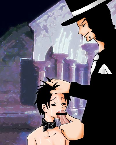 2boys collar gay male male_only malesub monkey_d_luffy one_piece rob_lucci straight_hair tagme yaoi