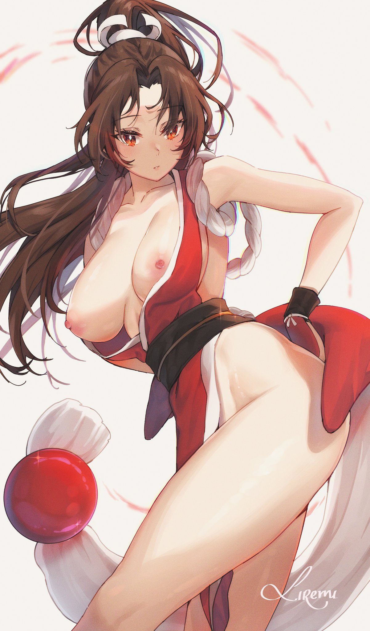 1girls, ass, big breasts, breasts, breasts out, brown hair, fatal fury, female, female focus, female only, gloves, king of fighters, large breasts, liremi, long hair, looking at viewer, mai shiranui, ponytail, red clothing, snk, solo, thighs, white background