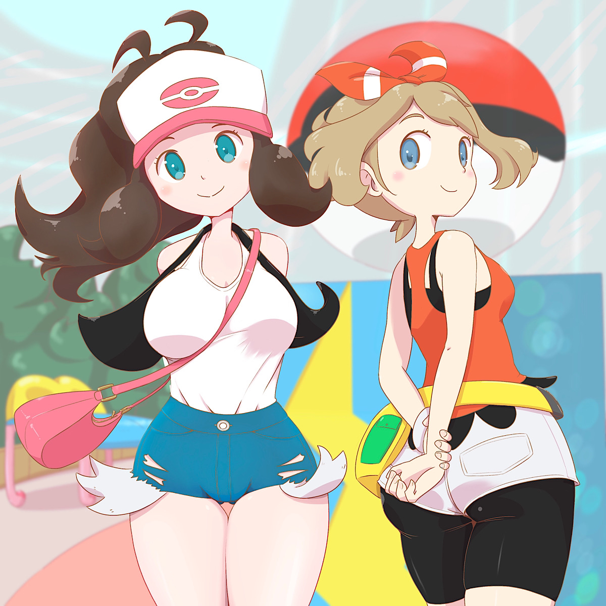 2girls, ass, between breasts, breasts, brown hair, clothing, cute, duo, female, game freak, hilda (pokemon), human, may (pokemon oras), may (pokemon), microsd (artist), nintendo, outdoors, pokemon, pokemon bw, pokemon oras, thick thighs