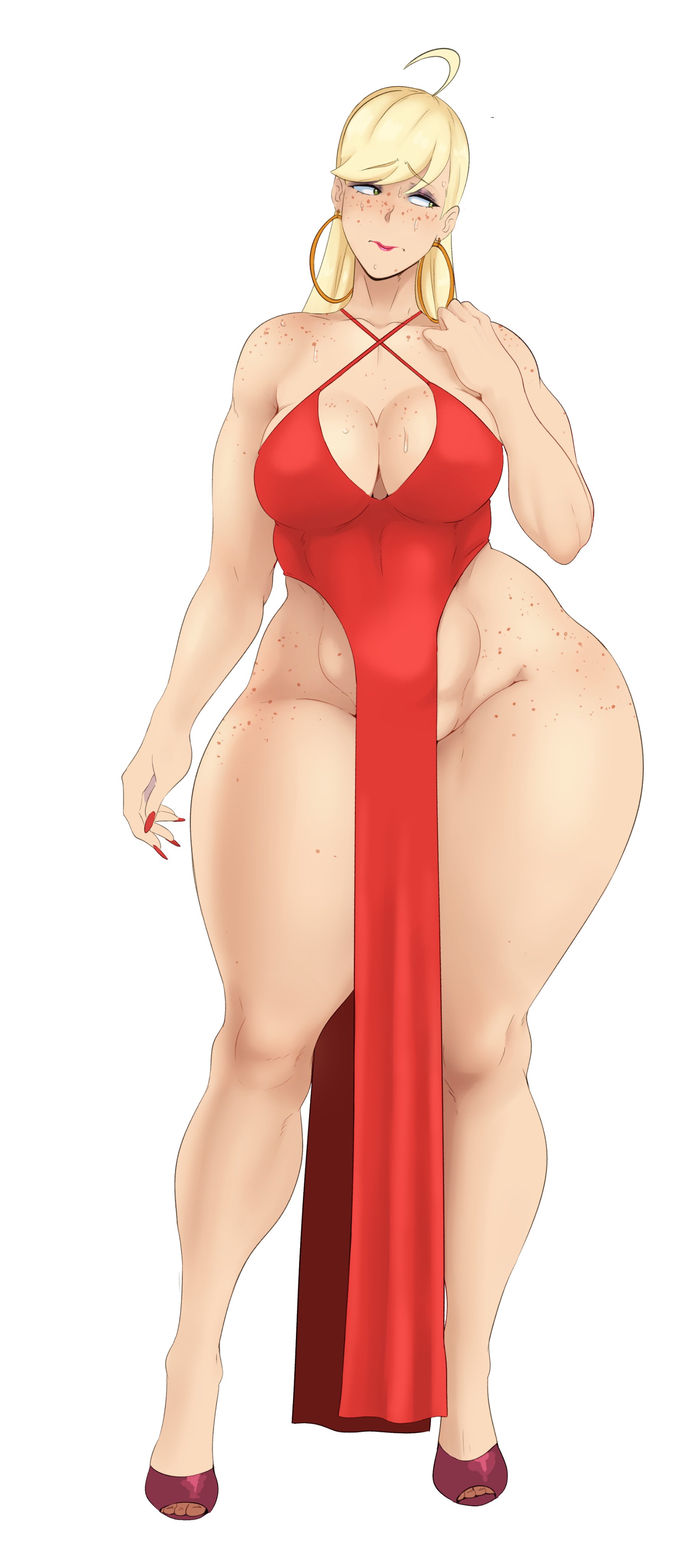 1girls, absurdres, applejack (mlp), blush, dress, female, friendship is magic, highres, human, humanized, my little pony, smooth skin, solo, sunnysundown, thick thighs, white background, wide hips
