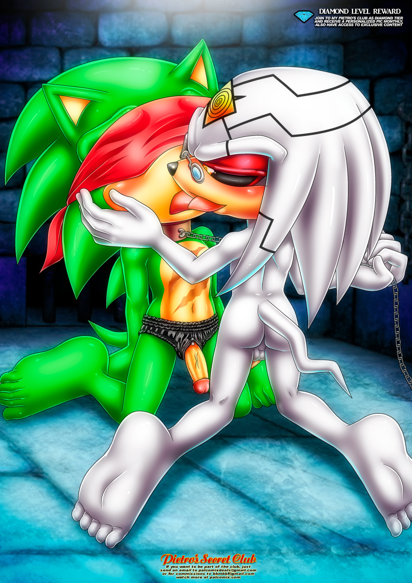 bbmbbf black_underwear blindfold blush bondage diamond_level doctor_finitevus dr._finitevus french_kissing green_fur hand_on_cheek leash_pull male/male mobius_unleashed palcomix penis_out pietros_secret_club scourge_the_hedgehog sonic_(series) sonic_the_hedgehog_(series) white_fur yaoi yellow_eyes