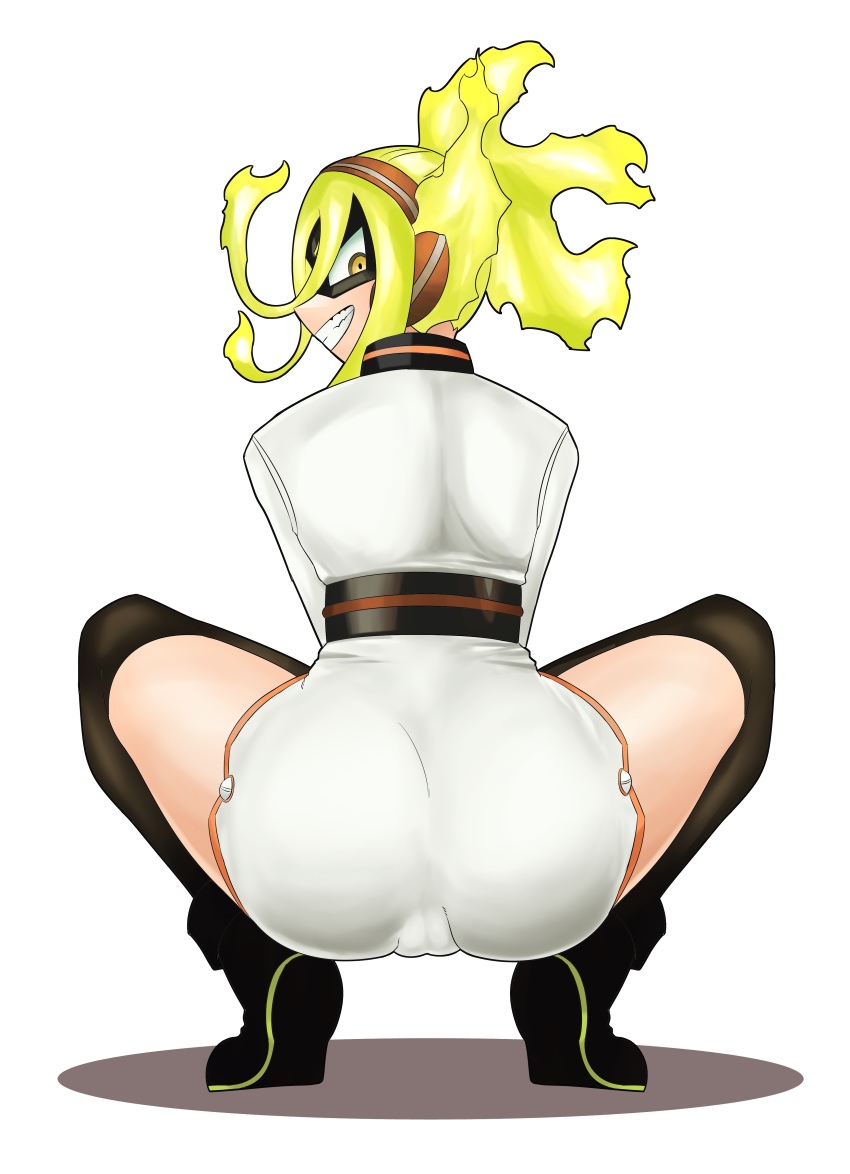 1girls ass big_ass big_butt burnin_(my_hero_academia) butt_crack cameltoe clothed female female_human female_only hero_outfit_(mha) human kamiji_moe long_hair moe_kamiji my_hero_academia squatting superhero_costume superheroine thick_thighs white_background