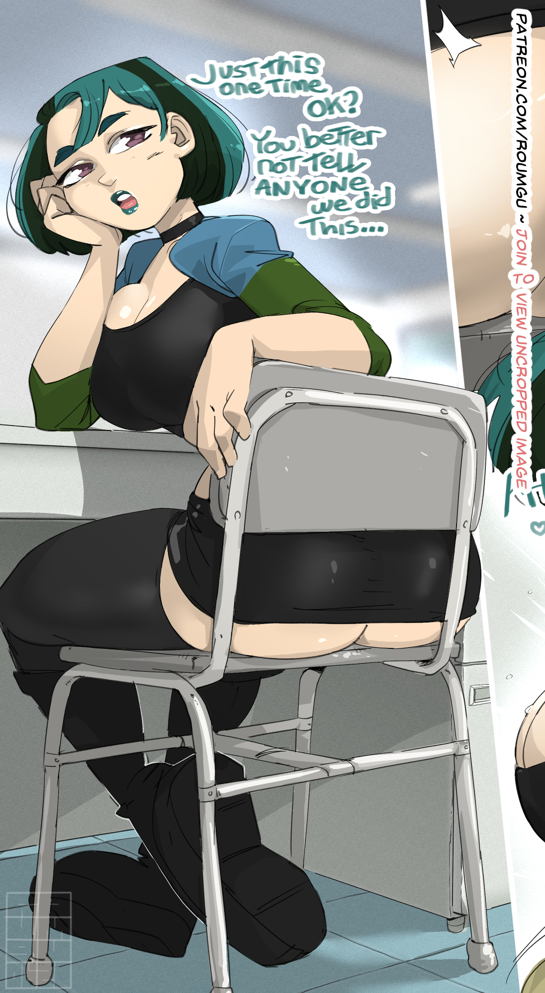 1girls, ass, boots, breasts, bubble ass, bubble butt, busty, cartoon network, cleavage, english text, female, goth, green hair, green lipstick, gwen (tdi), hourglass figure, light skin, light-skinned female, miniskirt, pale skin, pale-skinned female, preview, roumgu, sitting, skimpy, skimpy clothes, skirt, sleeves rolled up, solo, solo female, speech bubble, tagme, text, thighhighs, total drama island, upskirt, wide hips