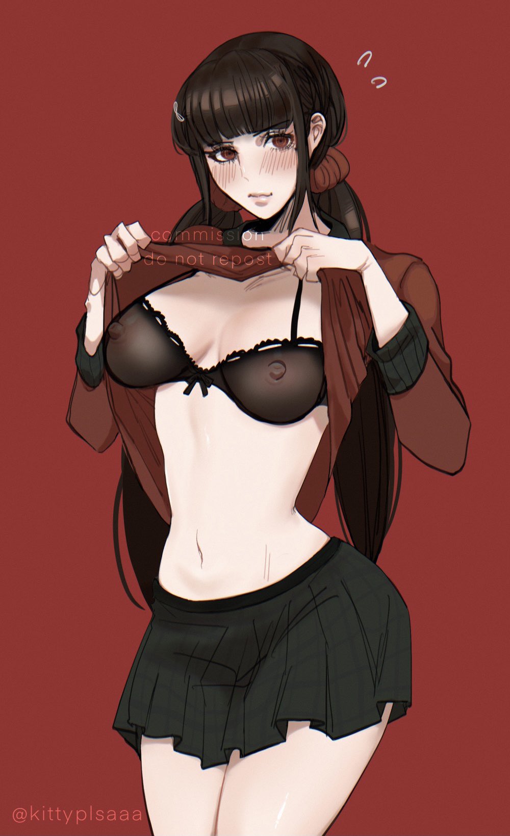 1girls, bangs, bare thighs, blush, bra, breasts, danganronpa, danganronpa v3, female, flashing, harukawa maki, kittyplsaaa, nipples, see-through, see-through bra, shirt lift, skirt, smile, solo, solo female, straight hair, thighs