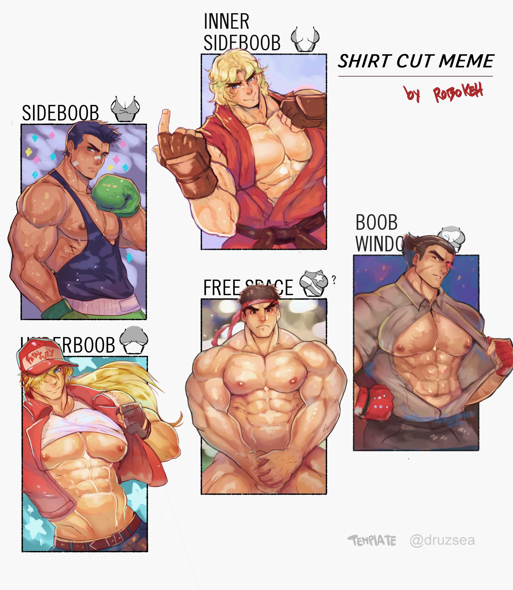 5boys, abs, bandage, bandage on nose, bara, big muscles, black hair, blonde hair, boob window, boxing gloves, breasts, brown hair, cap, capcom, completely nude, covering crotch, erect nipples, exposed nipples, facial scar, fatal fury, fingerless gloves, fondling self, gay, green eyes, hand in pants, headband, kazuya mishima, ken masters, king of fighters, little mac, long hair, looking at viewer, male, male only, muscles, muscular, muscular male, namco, nintendo, nipple peek, nipples, no visible genitalia, nude, open clothes, pecs, punch out, robokeh, ryu (street fighter), shirt cut meme, shirt pull, shirt up, short hair, sideboob, snk, street fighter, super smash bros., tank top, tekken, terry bogard, underboob, yaoi