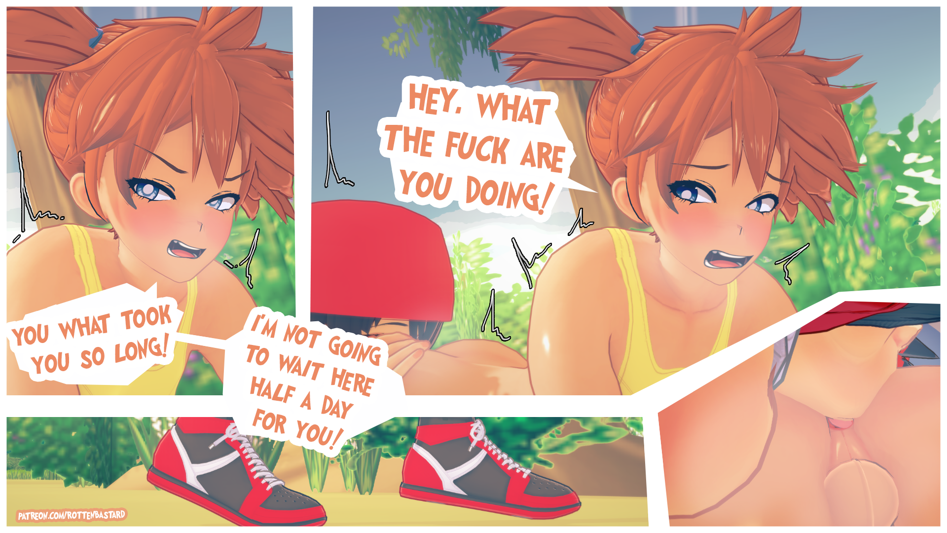 2boys, anal, androgynous, anilingus, anus, asymmetrical hair, balls, blue eyes, blush, comic, cosplay, crossdressing, crossdressing male, crossplay, denim, denim shorts, dialogue, eyelashes, femboy, game freak, hair between eyes, hair tie, heart, hi res, high resolution, highres, kasumi (pokemon), legs, licking, looking at viewer, male, male misty, male only, male pokemon protagonist, navel, nintendo, nude, open mouth, orange hair, penis, pokemon, pokemon (anime), pokemon (classic anime), pokemon (game), pokemon protagonist, pokemon rgby, ponytail, red (pokemon), red hair, rimming, rotten bastard, rule 63, shirt, short hair, shorts, side ponytail, spread legs, suspenders, tank top, testicles, tied hair, yaoi, yellow shirt, yellow tank top