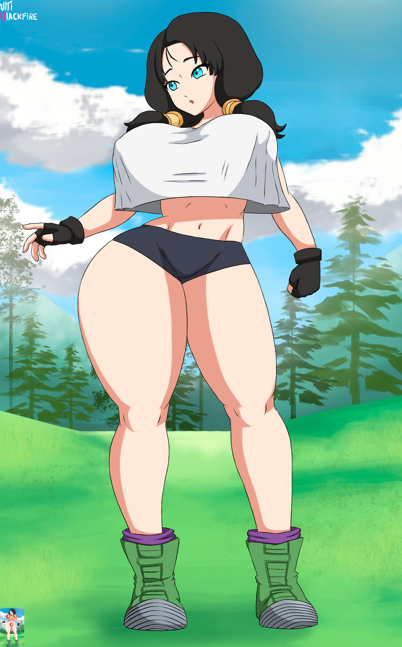 1girls, big breasts, black gloves, black hair, blue eyes, breasts, dragon ball, dragon ball z, female, female only, shounen jump, solo, thick thighs, twintails, ultiblackfire, venus body, videl, white shirt