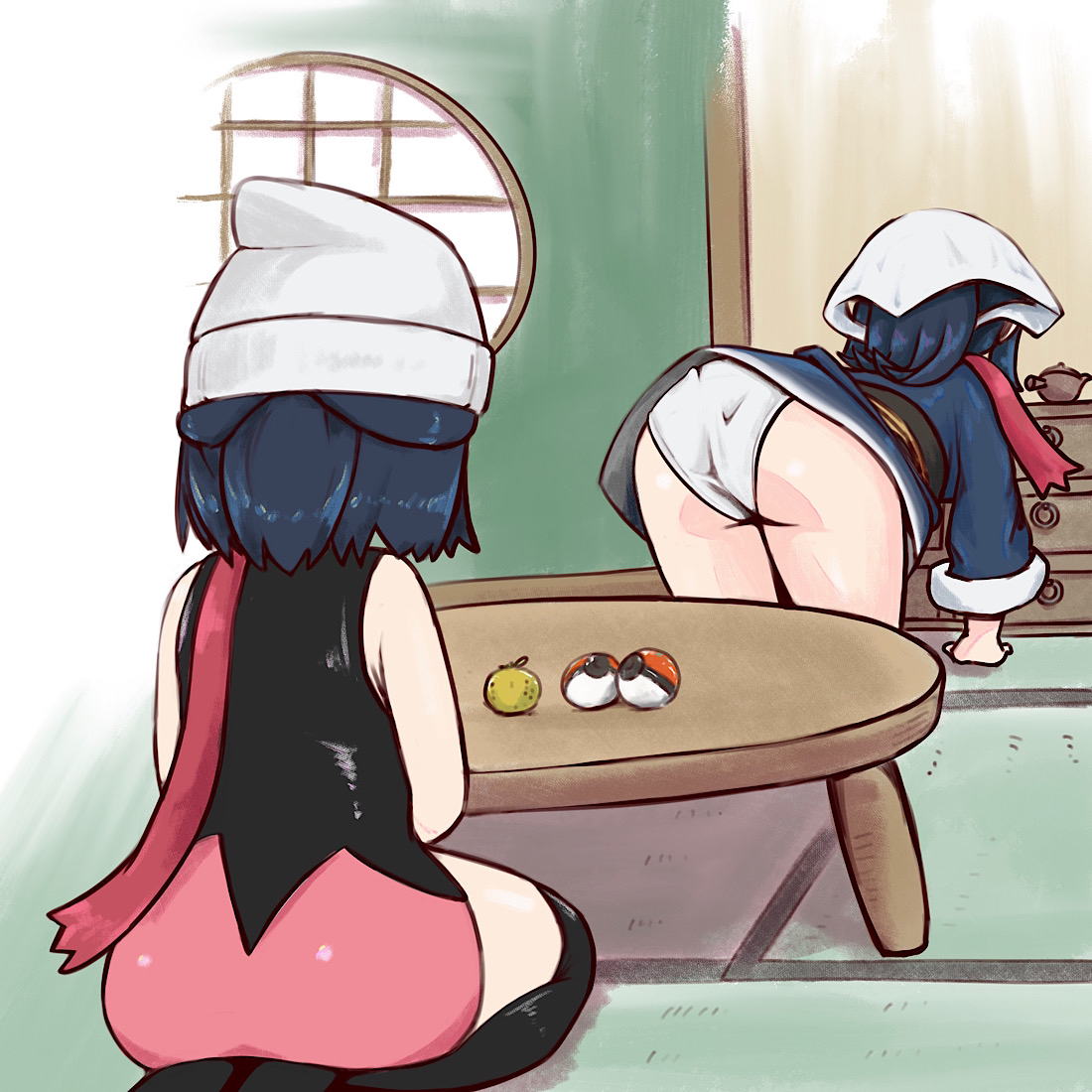 2girls, akari (pokemon), ass, bent over, dawn (pokemon dp), dawn (pokemon), female, female only, female protagonist, human, microsd (artist), nintendo, poke ball, pokemon, pokemon dppt, pokemon legends: arceus, thighhighs, upskirt