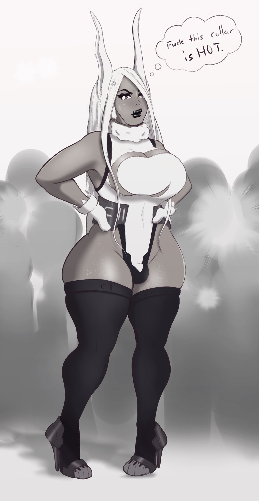 1boy bulge bunny_ears cosplay crescent_print crossdressing crowd fake_breasts femboy gloves hands_on_hips hero_outfit_(mha) high_heels large_breasts leotard lipstick long_hair male_with_breasts miruko_(cosplay) monochrome my_hero_academia patito_papito speech_bubble thighhighs trap wide_hips