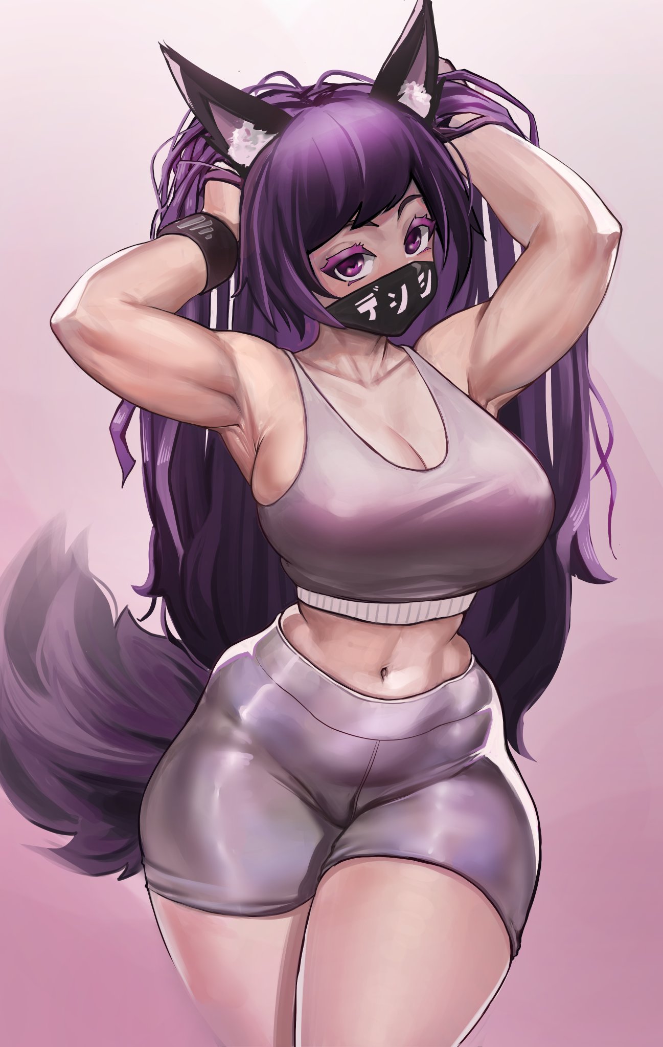 1girls, absurd res, arms up, big breasts, breasts, clothed, curvy, face mask, female, female only, fit, fox ears, fox girl, fox tail, gakibaki, huge breasts, kemonomimi, long hair, looking at viewer, mask, midriff, mitsuki (hanns33694210), original, original character, purple hair, shorts, tagme, tank top, thick thighs, wide hips, wolf girl, workout clothes, workout clothing