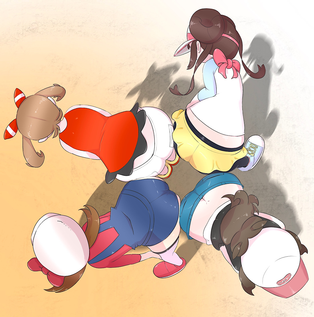 4girls, ass, ass cleavage, ass crack, ass to ass, ass-to-ass, bent over, big ass, bow, butt crack, cap, double bun, female, hat, hilda (pokemon), human, lyra (pokemon), may (pokemon oras), may (pokemon), microsd (artist), multiple females, multiple girls, nintendo, pokemon, pokemon bw, pokemon bw2, pokemon gsc, pokemon oras, ponytail, rosa (pokemon), socks over pantyhose