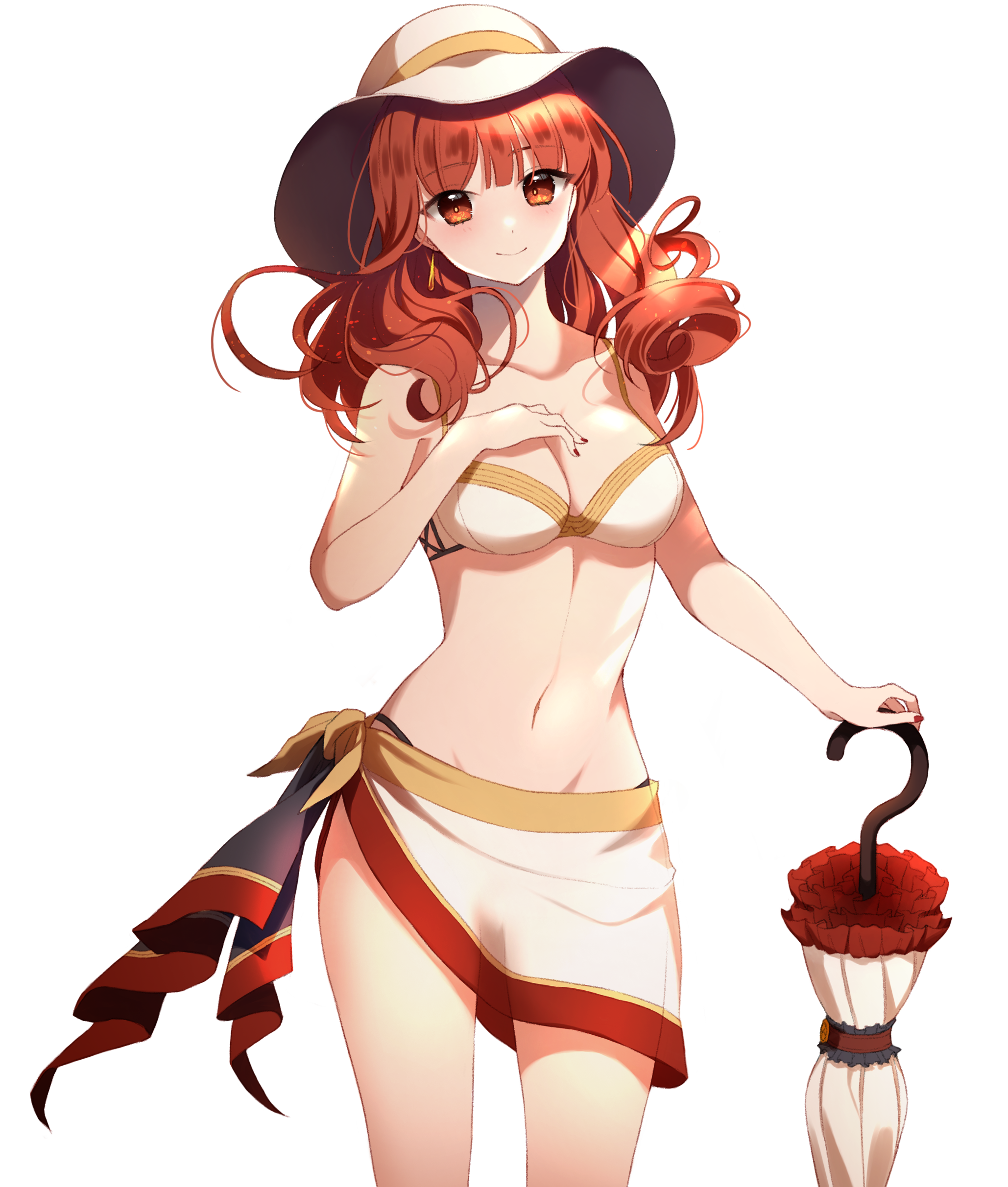 1girls, alternate costume, arcelle, average breasts, bangs, bare shoulders, bare thighs, bikini, breasts, celica (fire emblem), cleavage, earrings, female, fire emblem, fire emblem echoes: shadows of valentia, fire emblem gaiden, long hair, looking at viewer, medium breasts, nintendo, orange eyes, orange hair, parasol, sarong, smile, solo, solo female, swimsuit, white bikini, white swimsuit