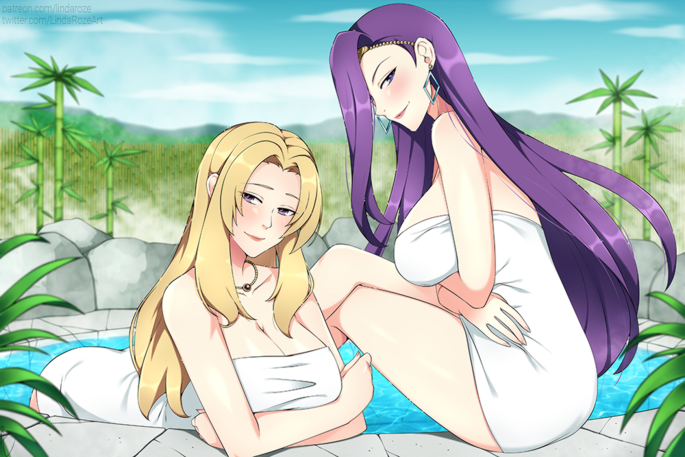 2girls, alternate version available, bamboo, bathing, big breasts, blonde hair, blush, breasts, cleavage, day, earrings, female, female only, fire emblem, fire emblem echoes: shadows of valentia, fire emblem gaiden, hot spring, inviting, jewelry, large breasts, lindaroze, long hair, looking at viewer, mathilda (fire emblem), mature female, multiple females, multiple girls, naked towel, necklace, nintendo, onsen, outdoors, outside, purple eyes, sitting, smile, sonya (fire emblem), towel, very long hair, violet eyes, violet hair, white towel