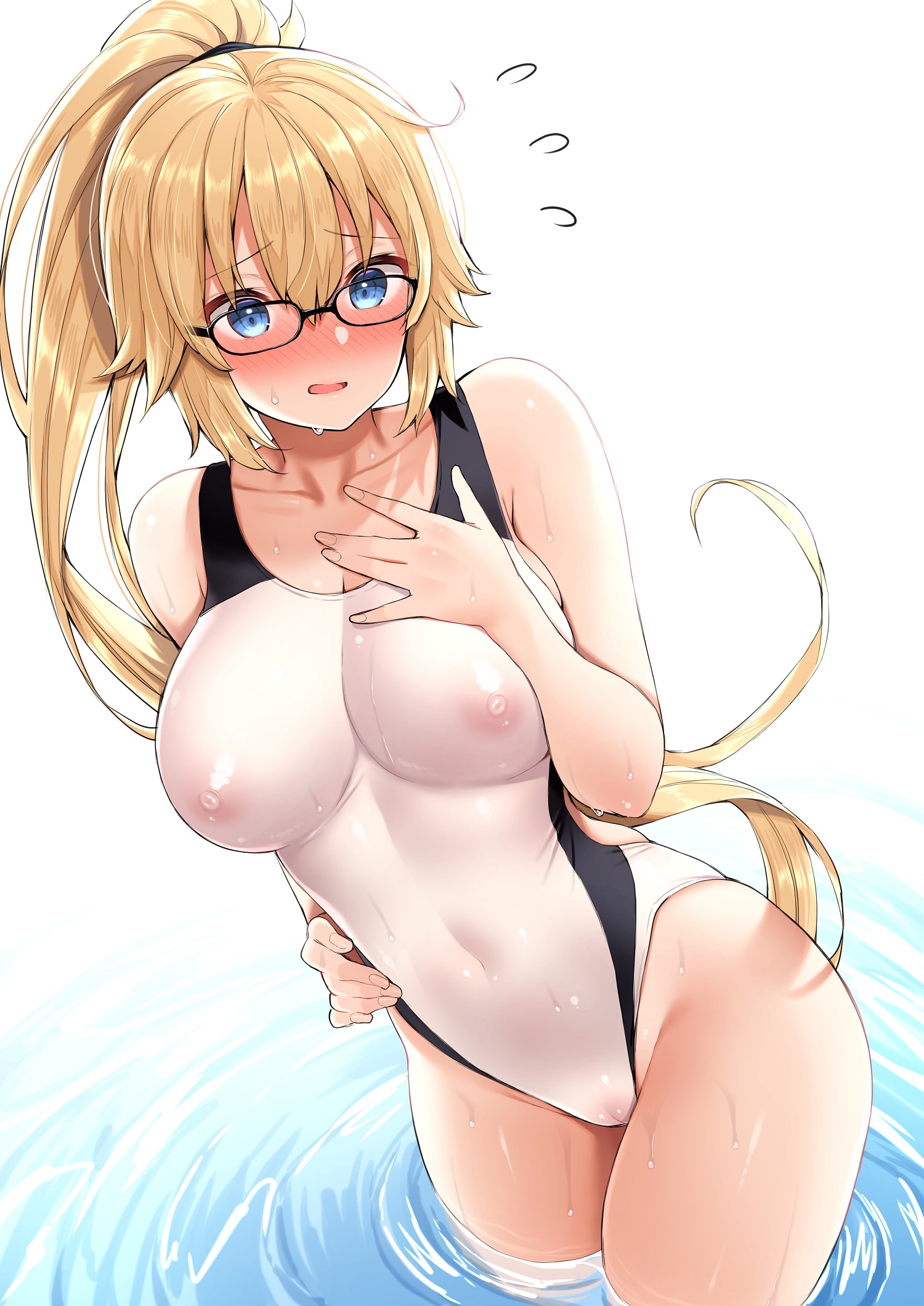 bangs, bare shoulders, blue eyes, blush, breasts, collarbone, competition swimsuit, fate (series), fate/grand order, female, flying sweatdrops, glasses, highleg, highleg swimsuit, highres, izure (pixiv16392012), jeanne d'arc (fate), jeanne d'arc (swimsuit archer), large breasts, long hair, looking at viewer, nipples, one-piece swimsuit, open mouth, ponytail, see-through, swimsuit, thighs, very long hair, wading, water, wet, white swimsuit