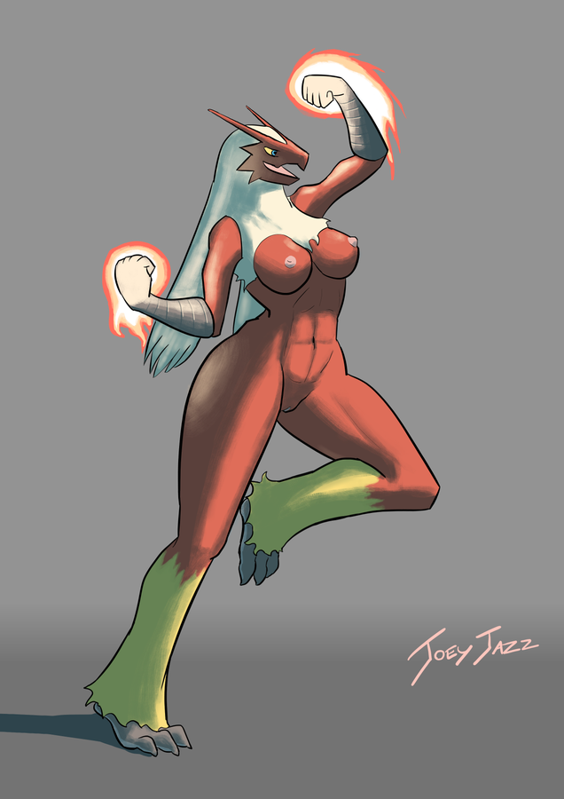 action_pose anthro areola biped blaziken breasts feet female fire genitals jjazzlewd joeyjazz muscular muscular_anthro muscular_female nintendo nipples nude pokemon pokemon_(species) pose pussy solo video_games