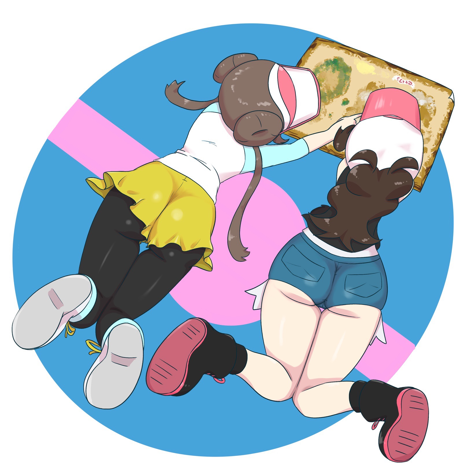 2girls, ass, ass hanging out of shorts, balls, booty shorts, cap, double bun, female, female only, hilda (pokemon), huge balls, human, male, microsd (artist), multiple females, multiple girls, nintendo, pokemon, pokemon bw, pokemon bw2, rosa (pokemon), thick thighs, tights, visor, visor cap, wide hips