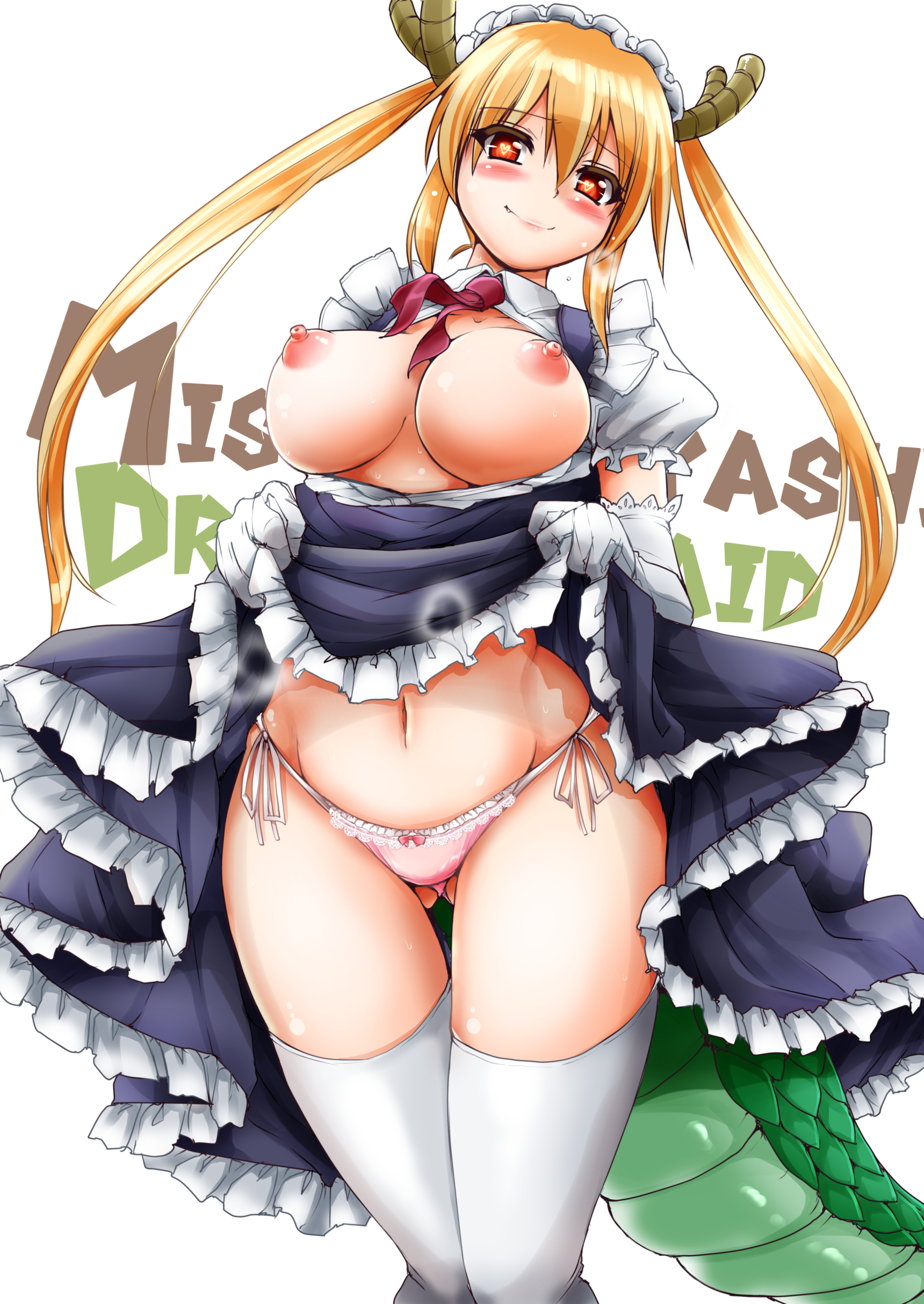 absurdres, arekishi raiho, bangs, belly, blonde hair, blush, bow, bow panties, breasts, clothes lift, copyright name, dragon girl, dragon horns, dragon tail, dress, dress lift, female, female only, gloves, heart, heart-shaped pupils, highres, horns, large breasts, lifted by self, long hair, looking at viewer, maid, maid headdress, miss kobayashi's dragon maid, navel, necktie, nipples, no bra, oerba yun fang, panties, pink panties, red eyes, scales, short sleeves, side-tie panties, simple background, smile, solo, standing, symbol-shaped pupils, tail, thigh gap, tohru (dragon maid), twintails, underwear, white gloves, white legwear