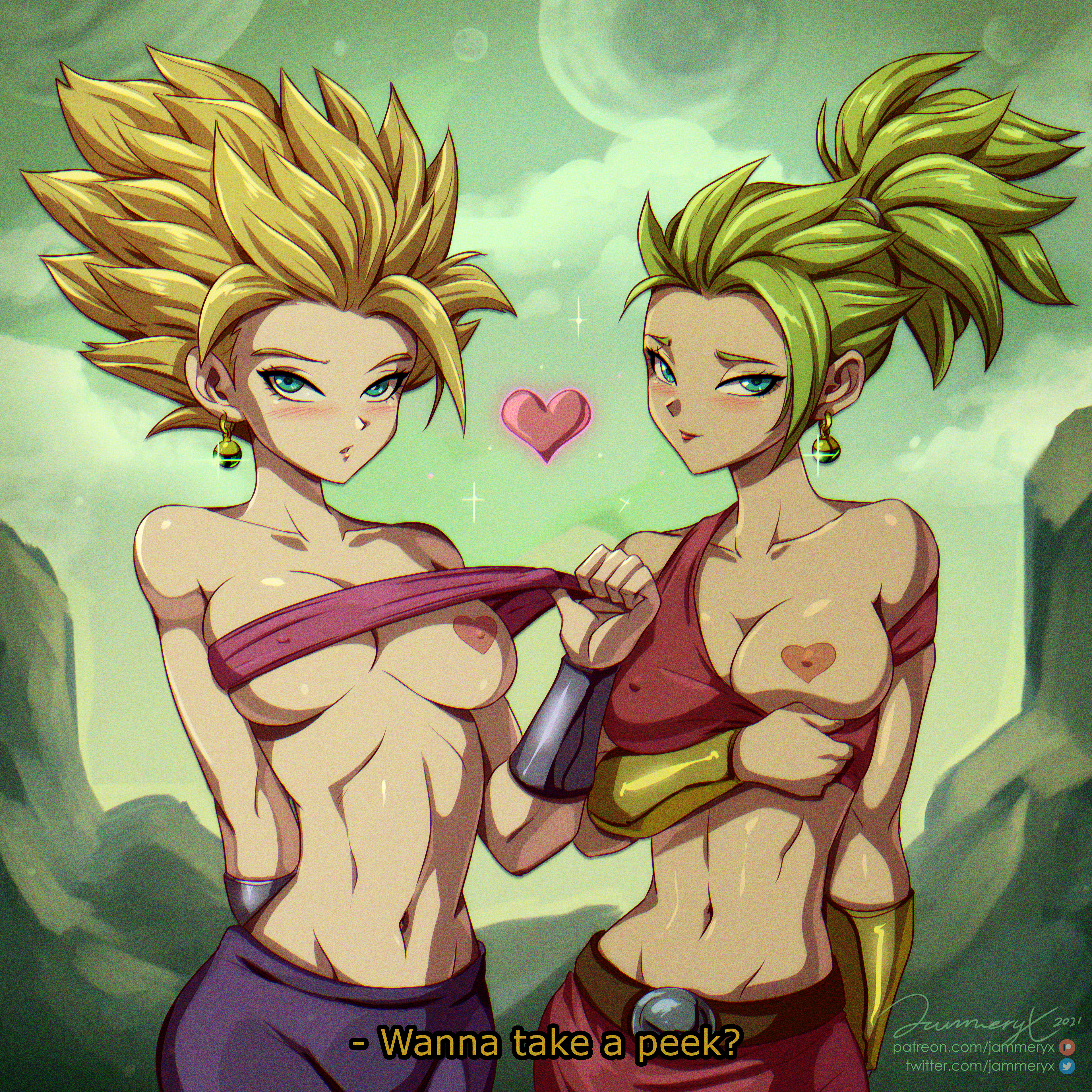 2girls, athletic, bedroom eyes, big breasts, blonde hair, breasts, caulifla, dark skin, dark-skinned female, dragon ball, dragon ball super, earrings, english text, female, female only, green hair, heart pasties, jammeryx, kale, legendary super saiyan, light skin, light-skinned female, looking at viewer, looking away, medium breasts, multiple females, multiple girls, nipples, pasties, petite, potara earrings, presenting breasts, saiyan, seductive, short hair, shounen jump, skinny, slim, spiky hair, super saiyan, super saiyan 2, teenage female, teenager, text, thin, thin waist, toned, toned female, wide hips