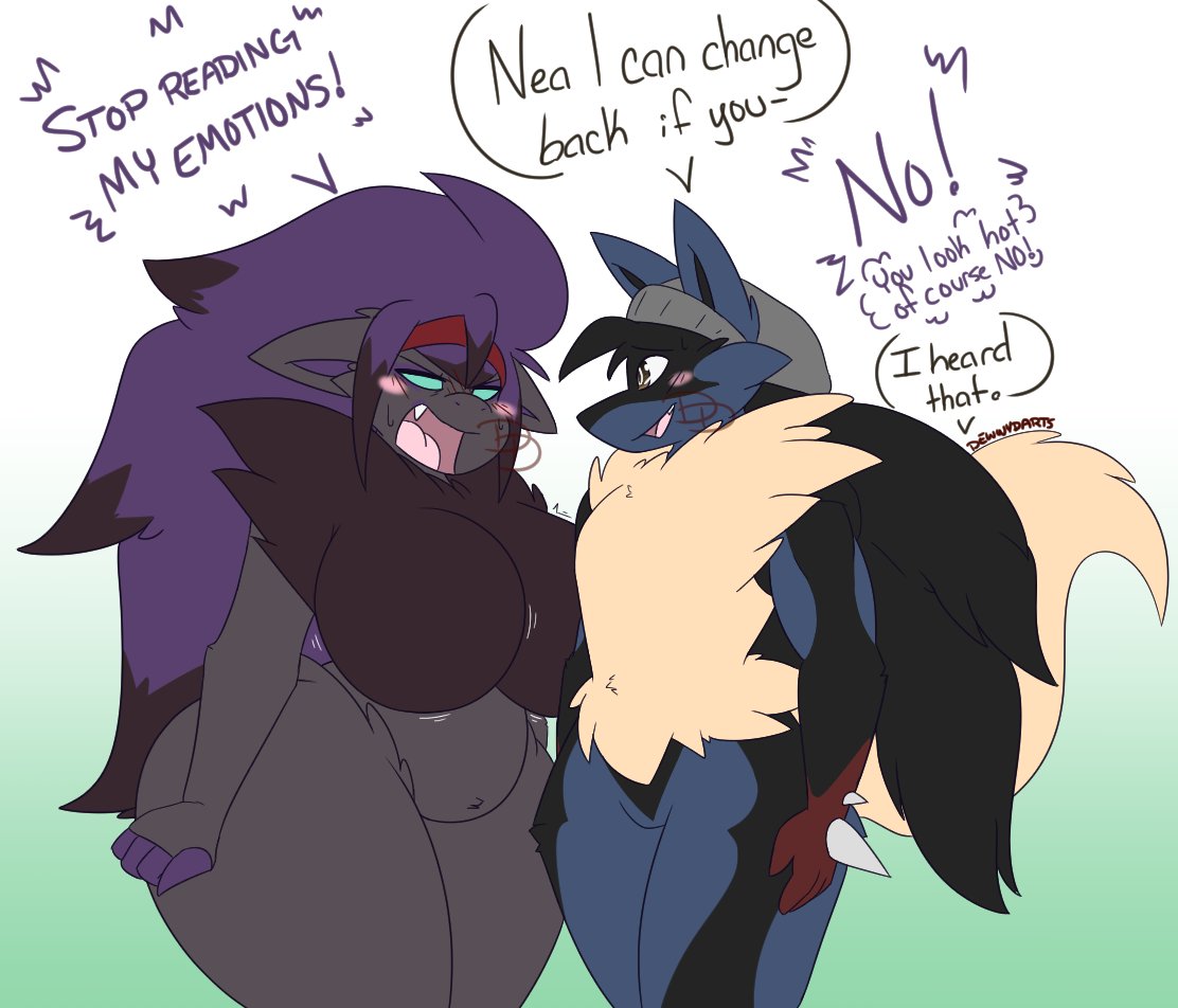 ass blush breasts dart(dewwydartz) dewwydarts dewwydartz female furry lucario mega_lucario nea(dewwydartz) pokemon pokemon_(species) purple_hair thick_thighs wide_hips zoroark