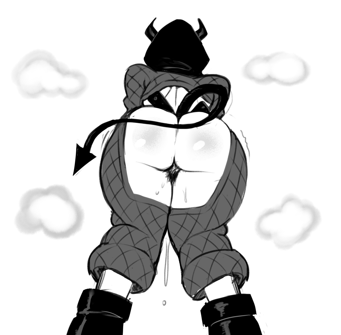 1girls, ass, black and white, demon tail, dorohedoro, female, female only, monochrome, nikaidou (dorohedoro), presenting ass, presenting hindquarters, presenting pussy, pubic hair, pussy, pussy juice, pussy juice drip, solo, solo female