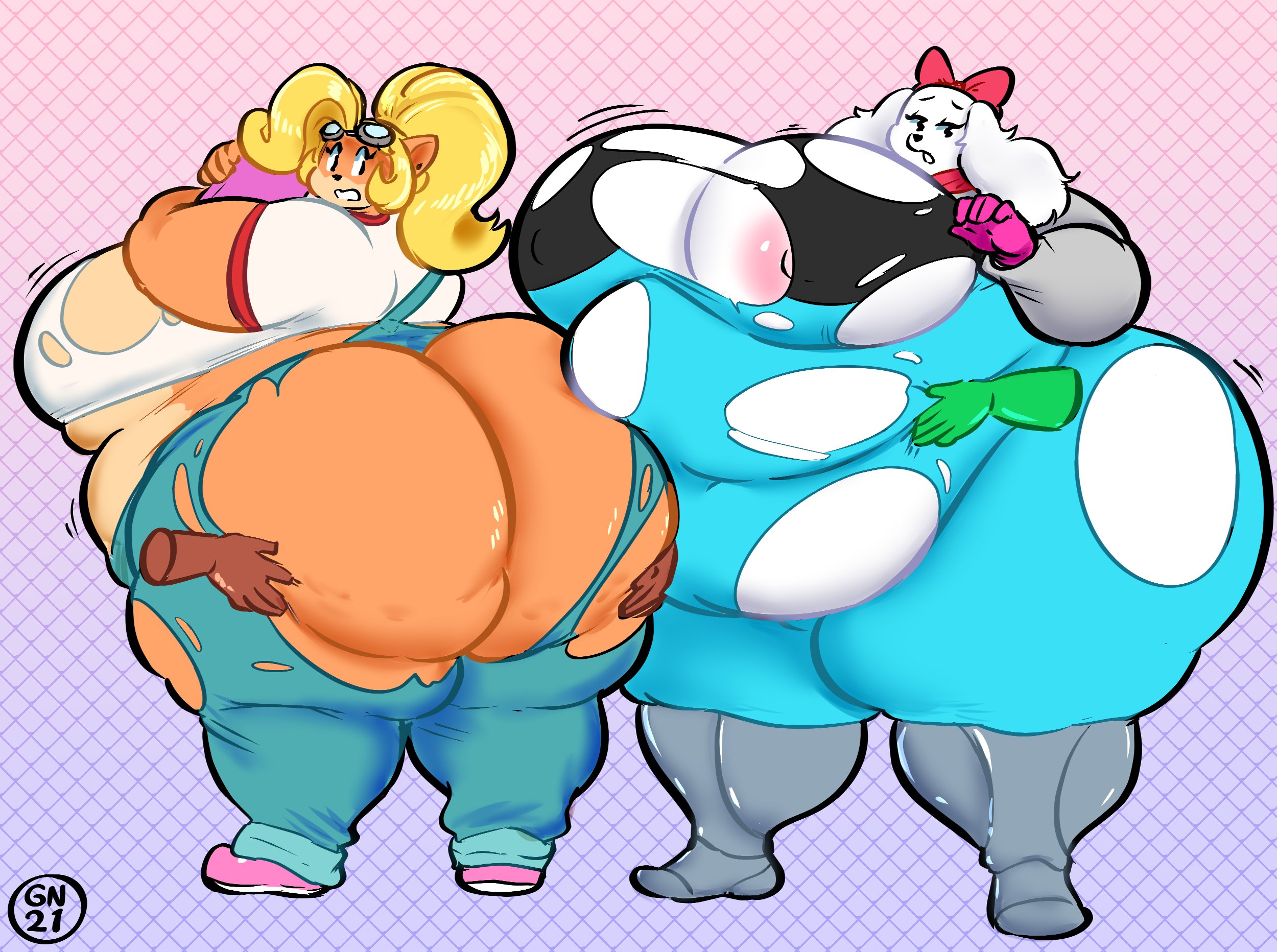 2021, 2girls, abstract background, areola slip, areolae, ass, big ass, big breasts, breasts, coco bandicoot, crash (series), disembodied hand, fat, fay spaniel, female, gammanaut, grabbing, grabbing ass, grabbing belly, groping, groping ass, groping belly, groping from behind, hi res, highres, huge ass, huge belly, huge breasts, hyper, looking back, nintendo, nipple bulge, nipples, no bra, no humans, no panties, obese, obese anthro, obese female, overweight, overweight anthro, overweight female, rear view, ripped clothing, star fox, thick thighs, torn clothes, wardrobe malfunction