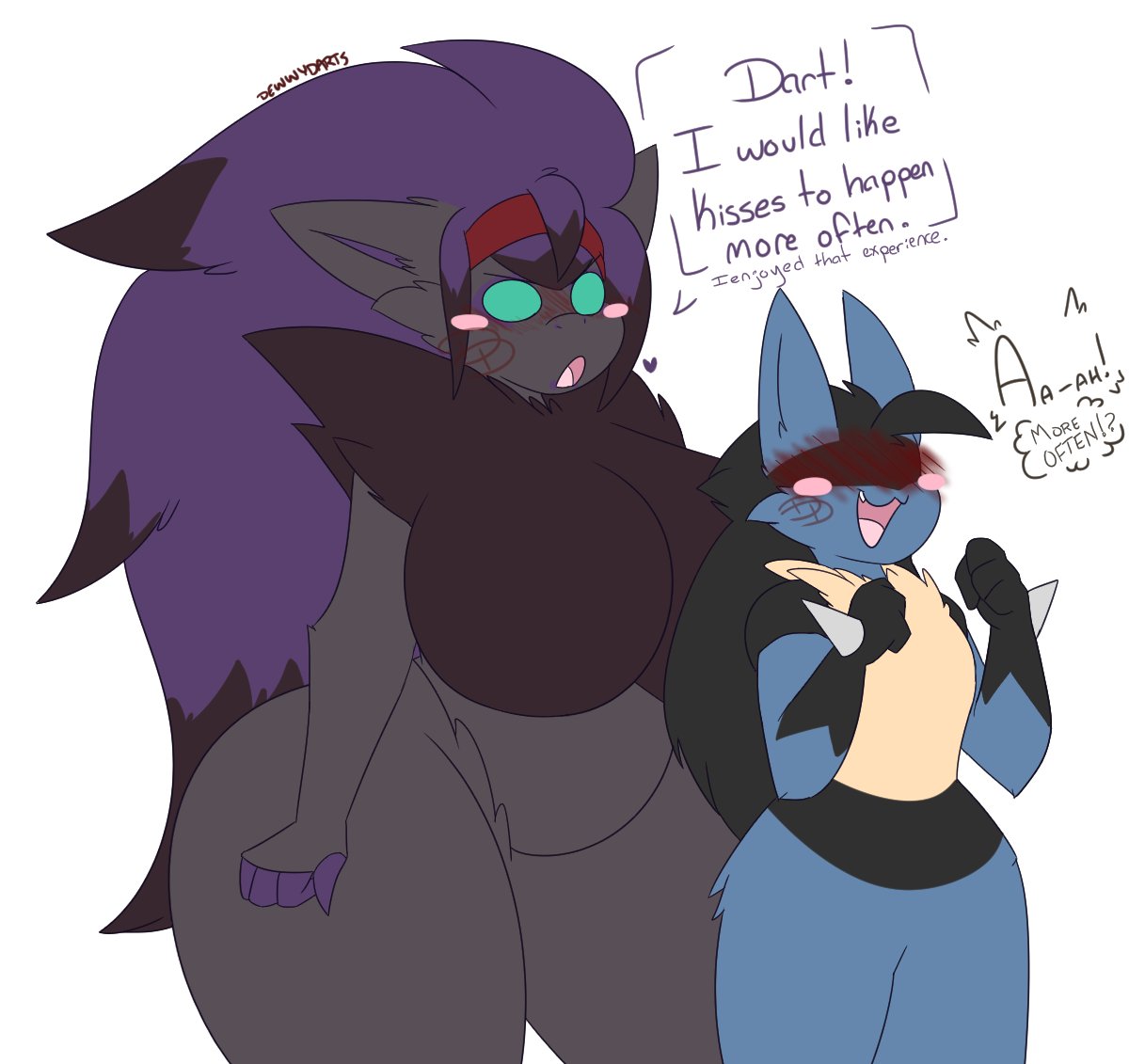 ass blush breasts dart(dewwydartz) dewwydarts dewwydartz dialogue female furry game_freak lucario nea(dewwydartz) nintendo pokemon pokemon_(species) purple_hair text thick_thighs wide_hips zoroark