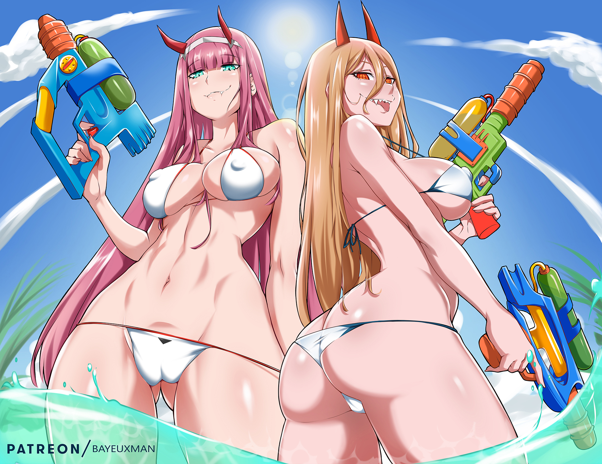 2girls, ass, ass cleavage, ass crack, bayeuxman, beach, big ass, big breasts, bikini, blonde hair, breasts, butt crack, chainsaw man, crossover, curvy figure, darling in the franxx, female, female only, horns, long hair, micro bikini, nipples, pink hair, power (chainsaw man), sideboob, thick thighs, zero two (darling in the franxx)