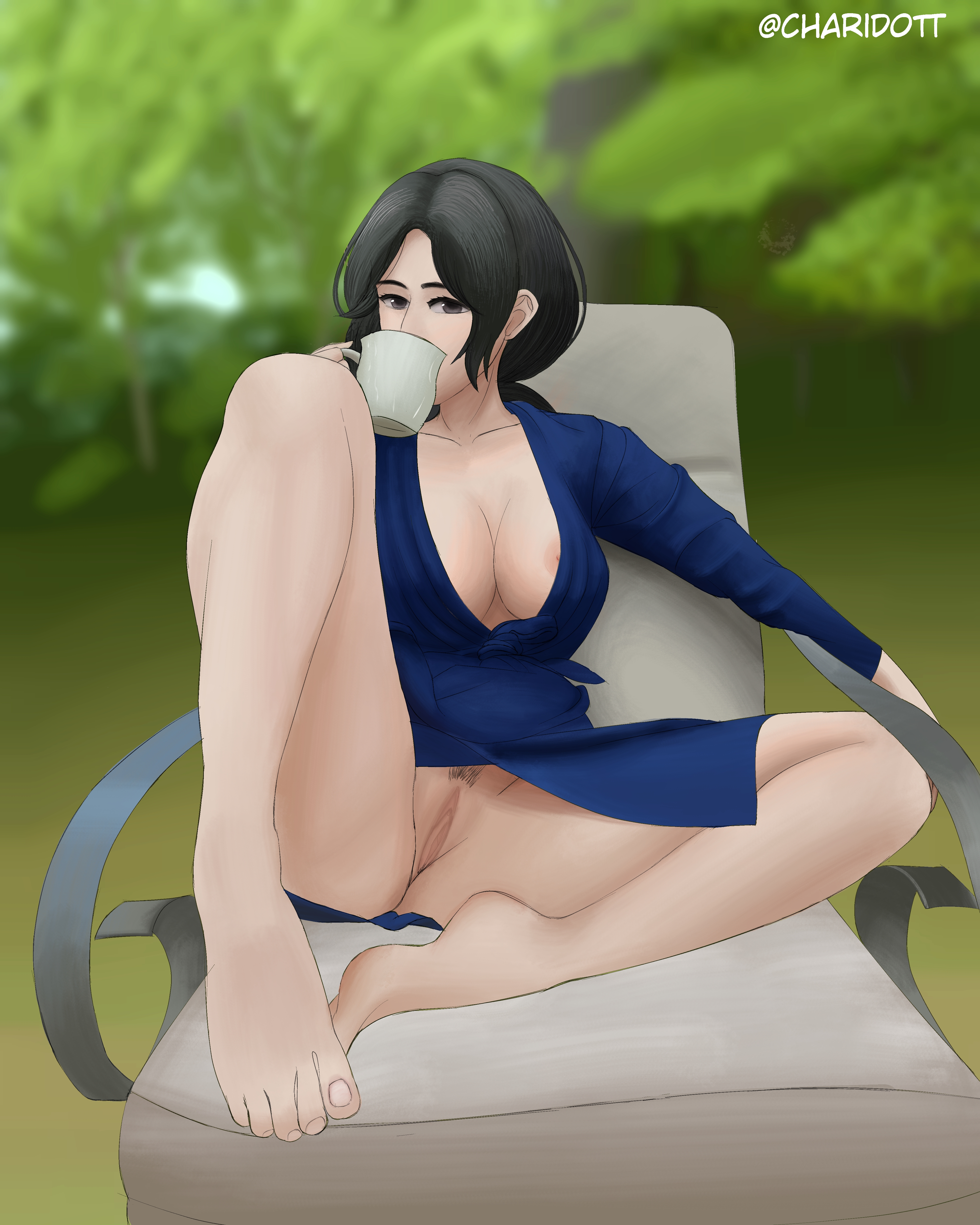 ass, ass crack, attack on titan, bottomless, butt crack, charidott, cleavage, feet, female, gown, pieck finger, pubic hair, pussy, shingeki no kyojin, tagme