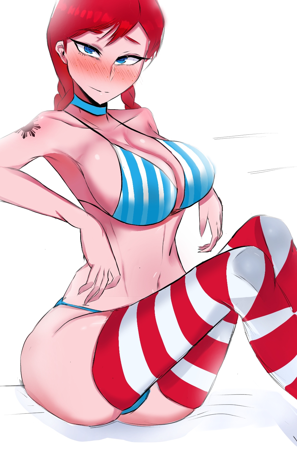 1girls, artist request, big breasts, bikini, blue eyes, blush, breasts, choker, female, female only, looking at viewer, mascot, navel, red hair, sitting, solo, stockings, striped legwear, striped topwear, tattoo, wendy thomas, wendy's, white background